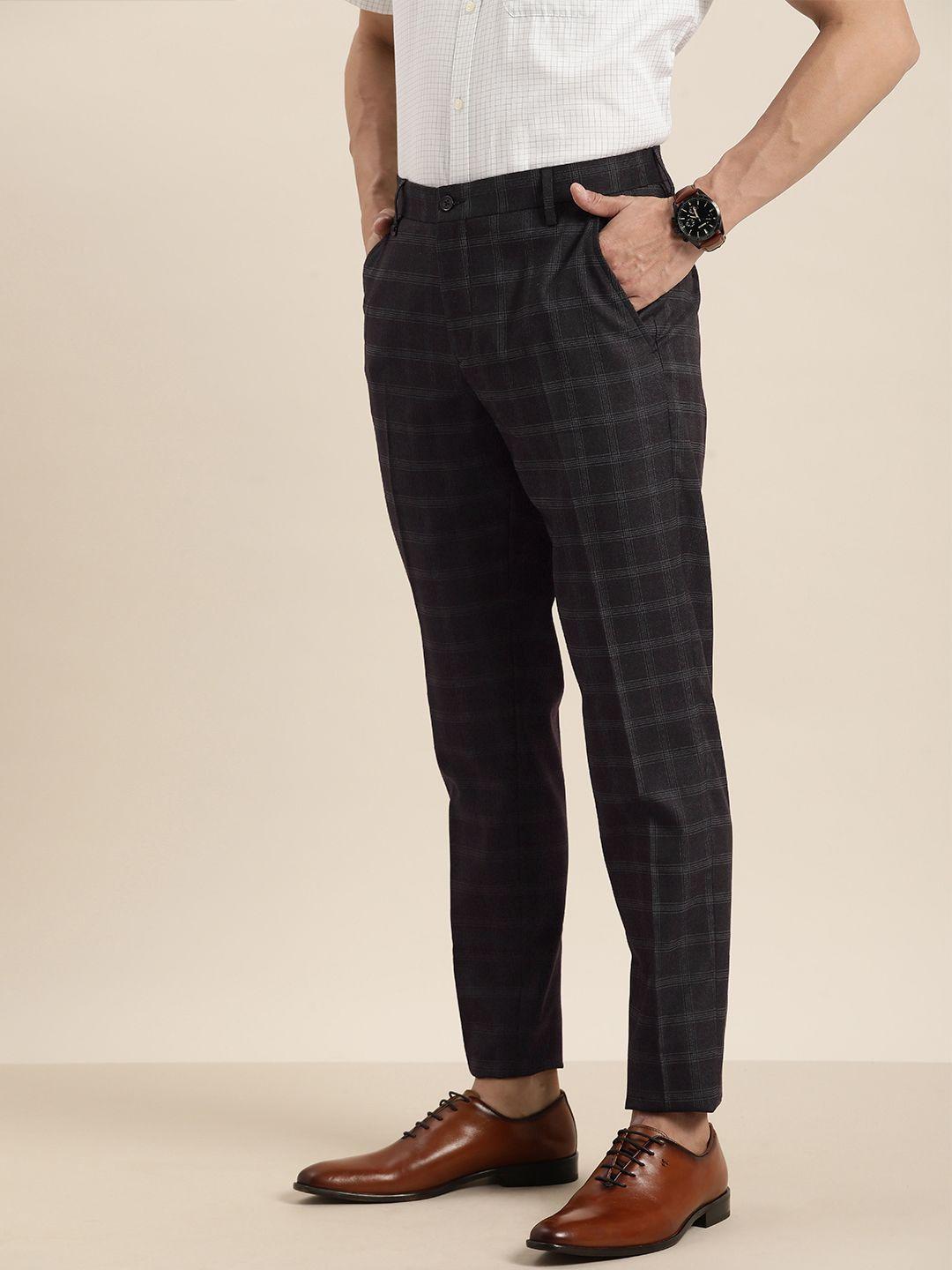 invictus men navy blue checked slim fit trousers