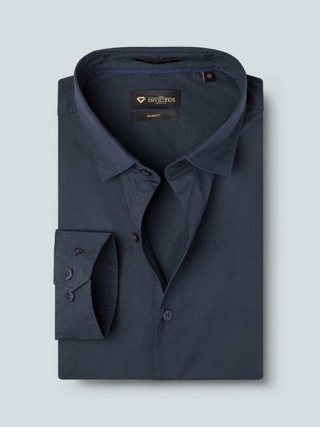 invictus men navy blue regular fit solid formal shirt
