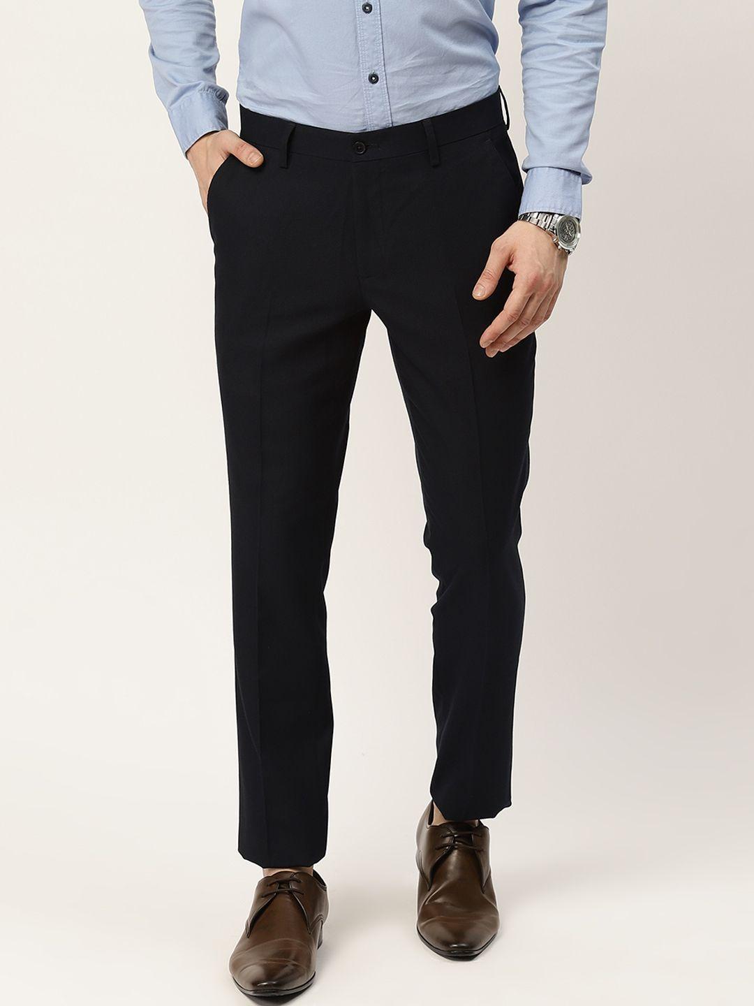 invictus men navy blue regular fit solid regular trousers