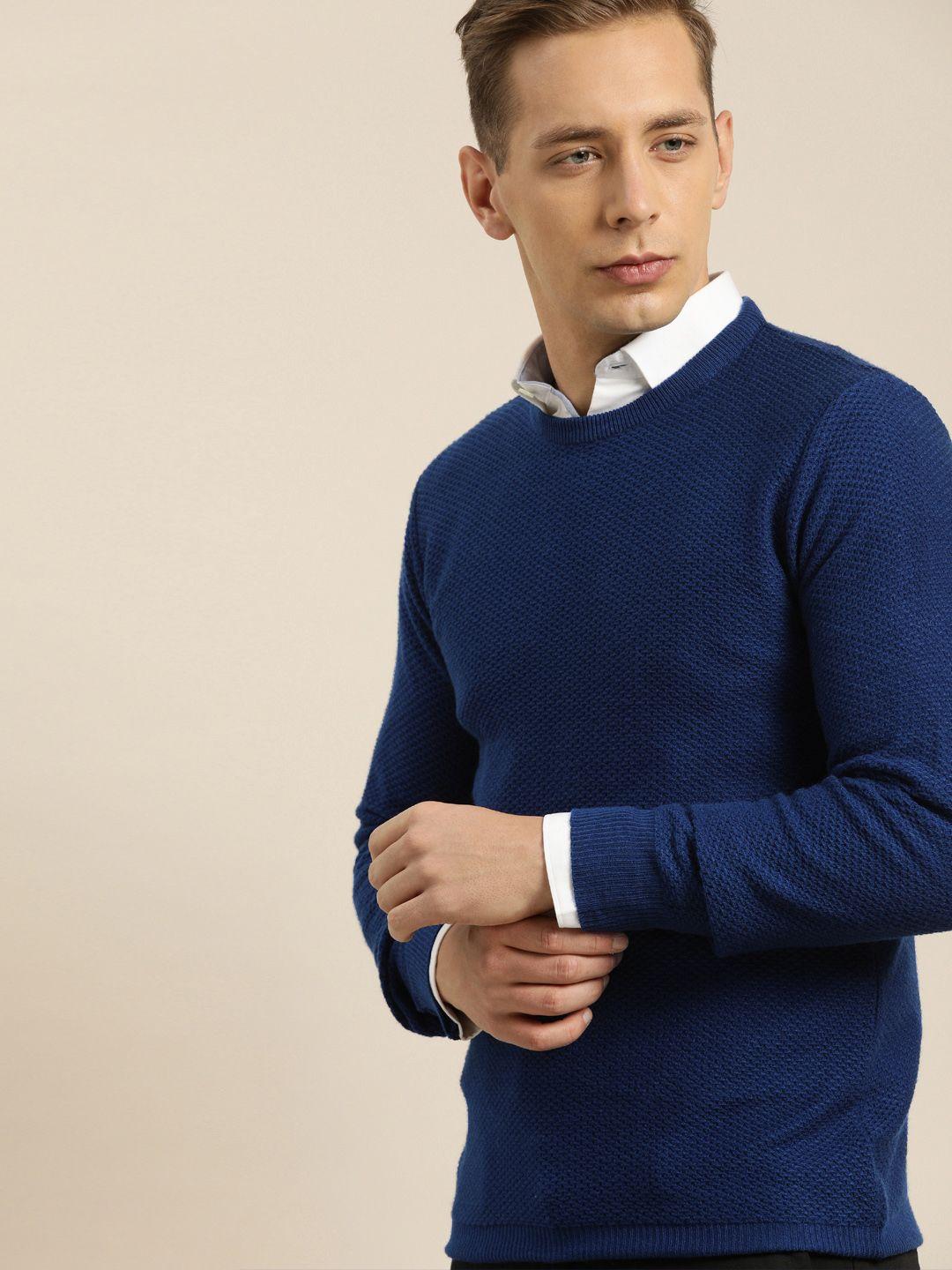 invictus men navy blue self design pullover sweater