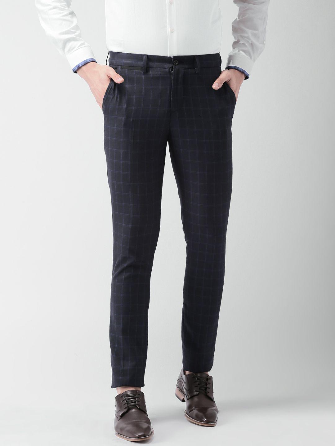 invictus men navy blue slim fit checked formal trousers