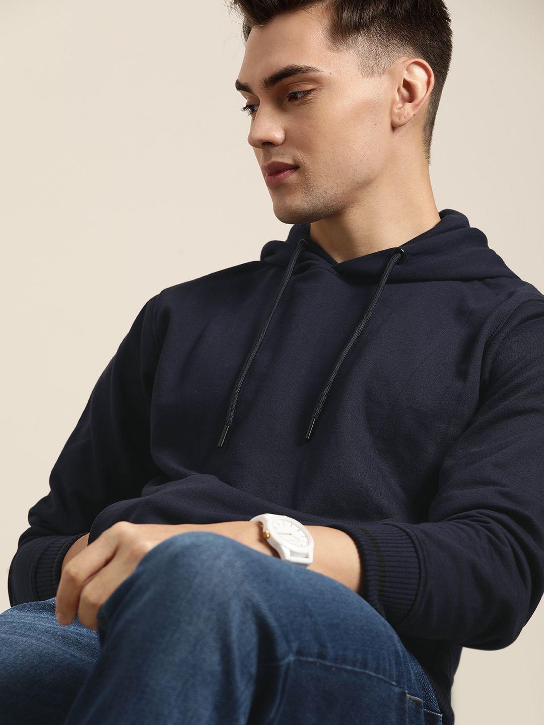 invictus men navy blue solid hooded sweatshirt