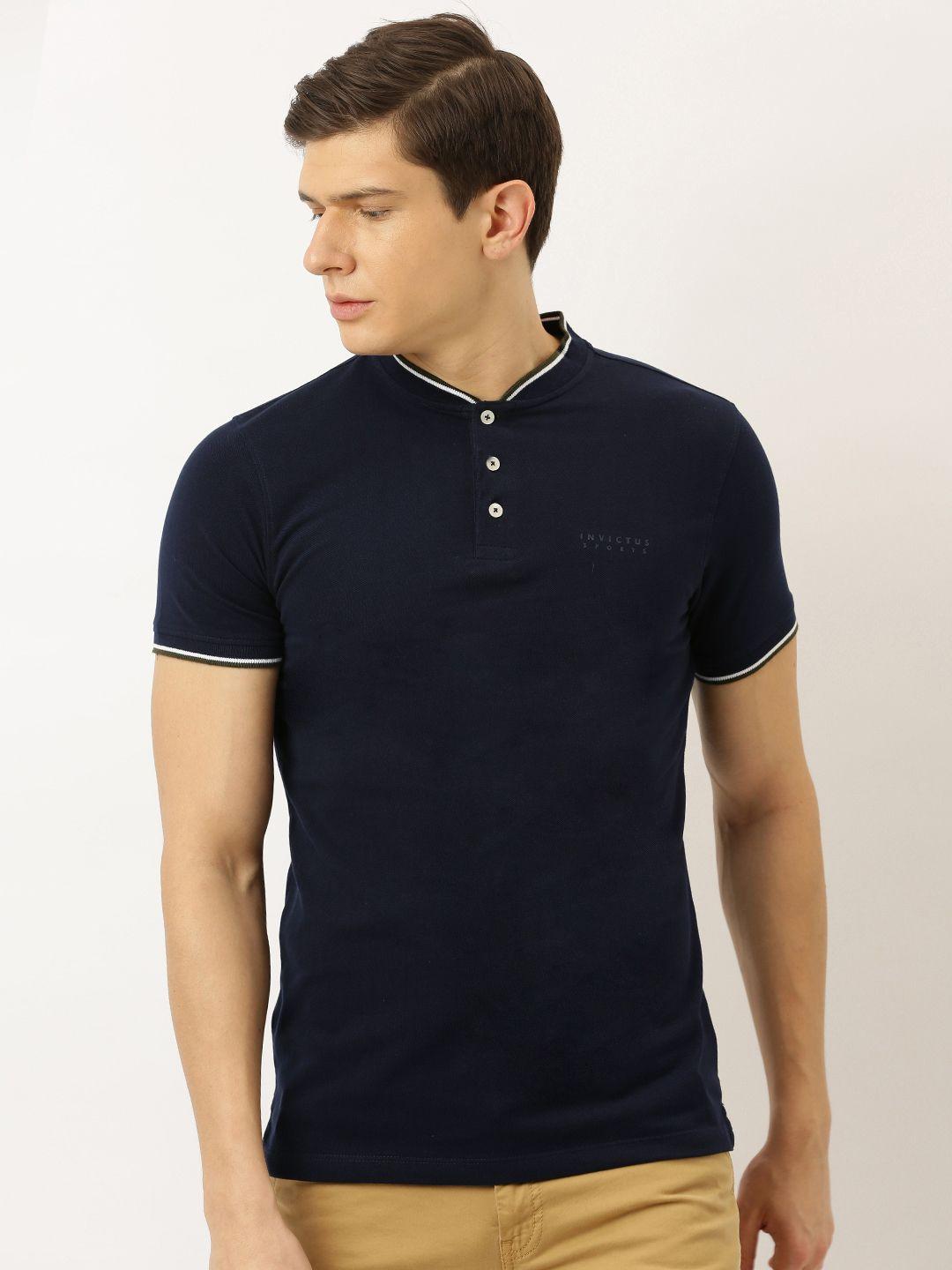 invictus men navy blue solid mandarin collar t-shirt