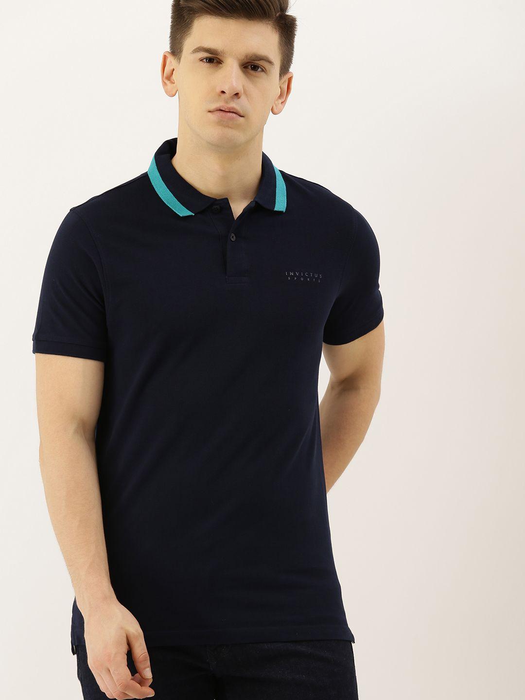 invictus men navy blue solid polo collar t-shirt