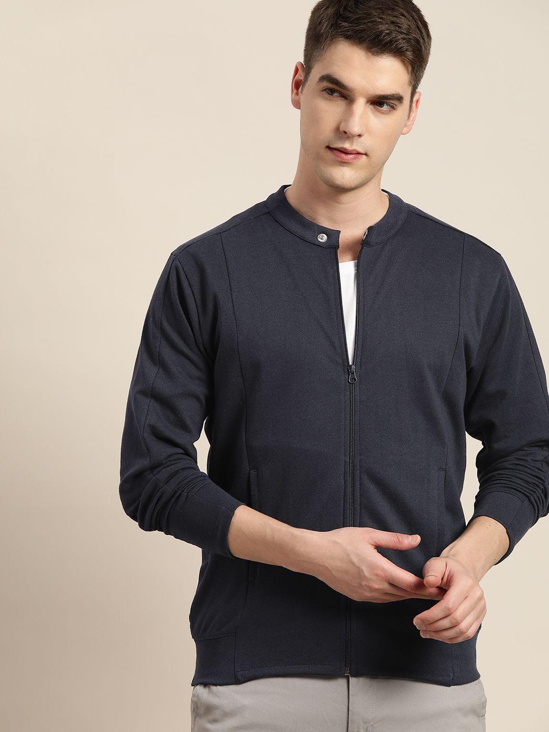 invictus men navy blue solid pure cotton front-open sweatshirt