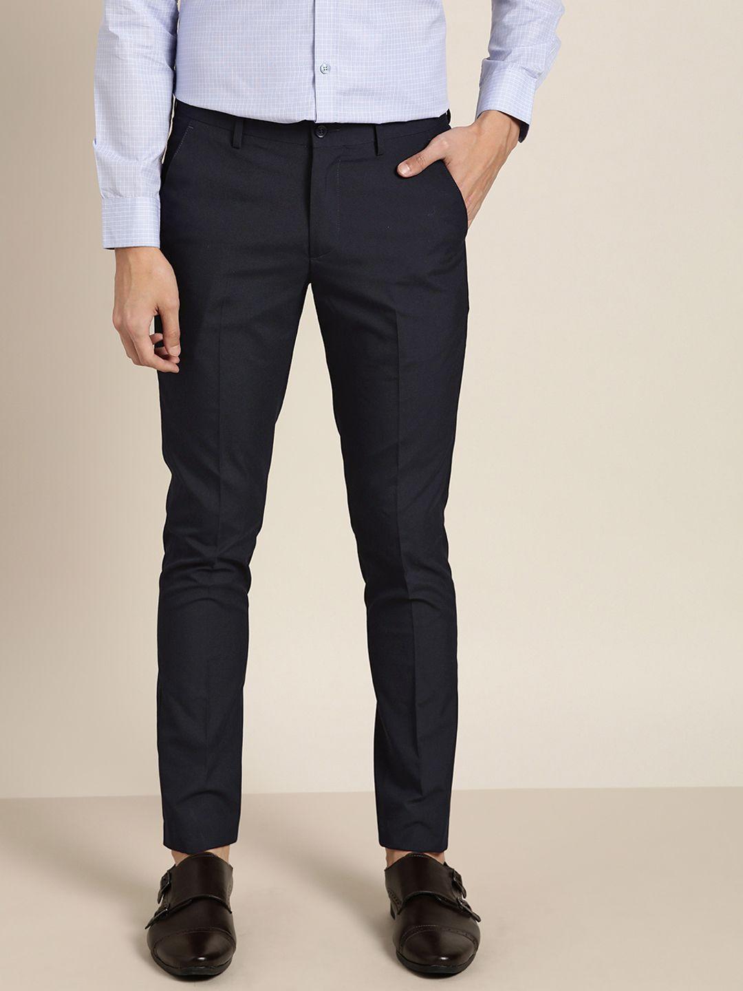 invictus men navy blue solid slim fit formal trousers