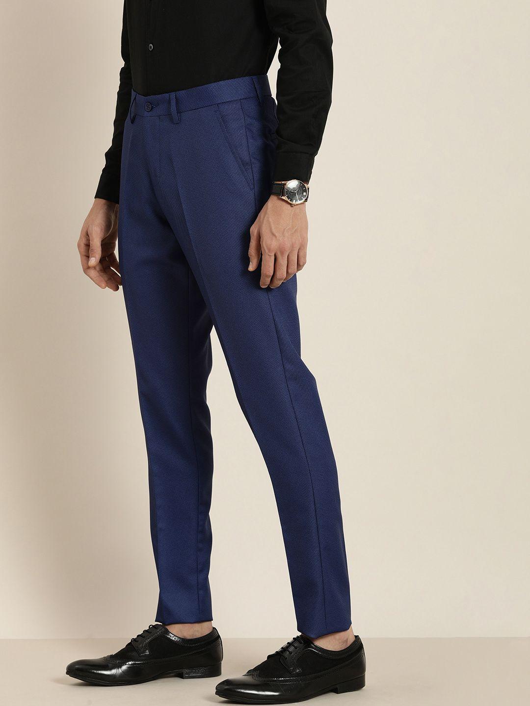 invictus men navy blue textured slim fit trousers