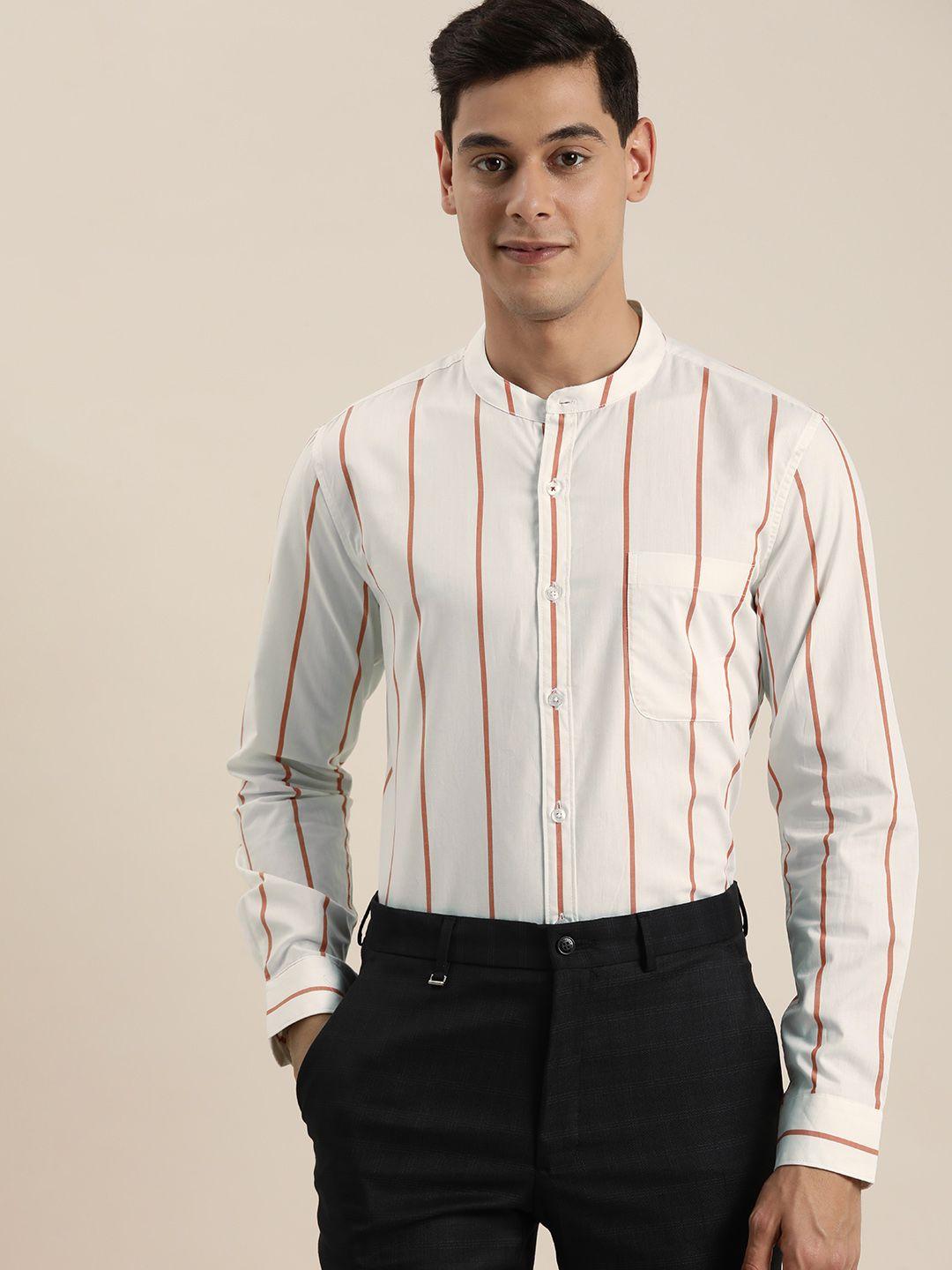 invictus men off white & rust orange slim fit striped pure cotton smart casual shirt