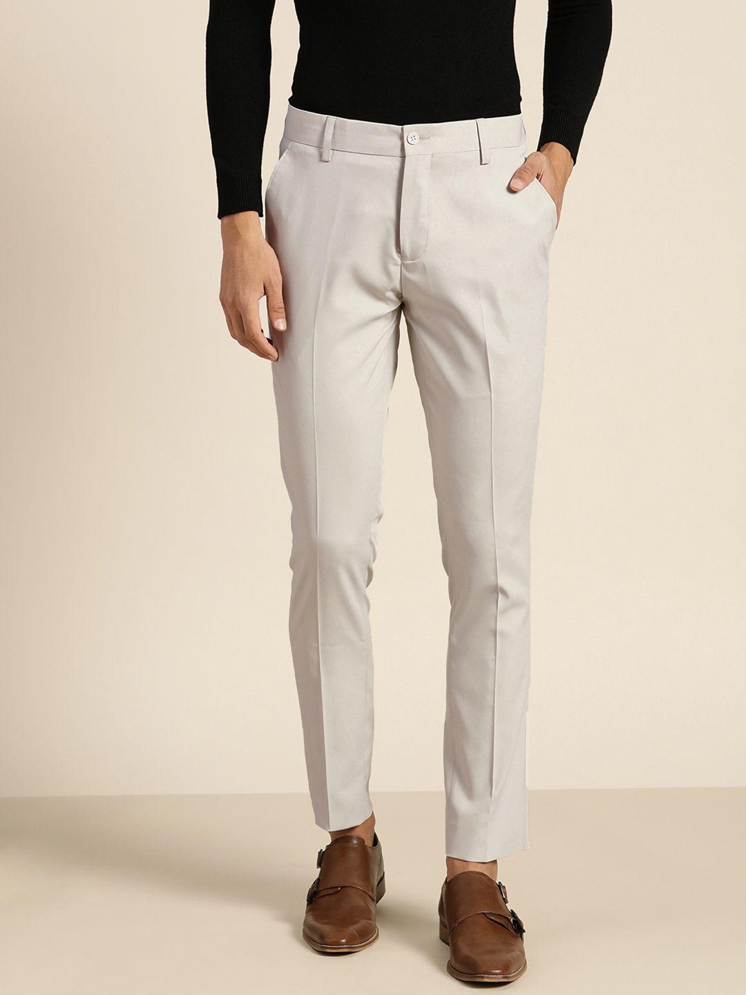 invictus men off white solid slim-fit formal trousers