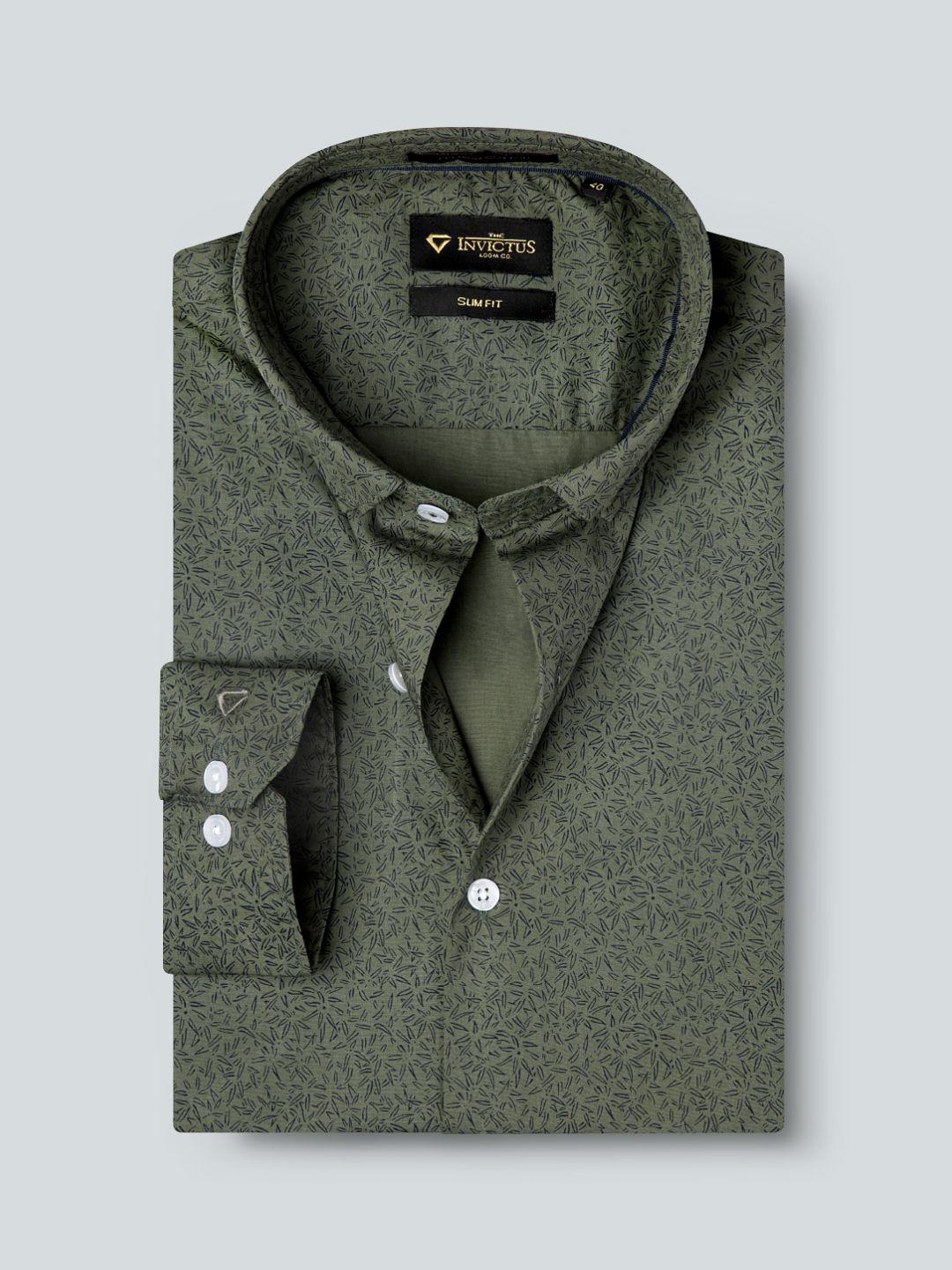 invictus men olive green & navy blue slim fit printed casual shirt