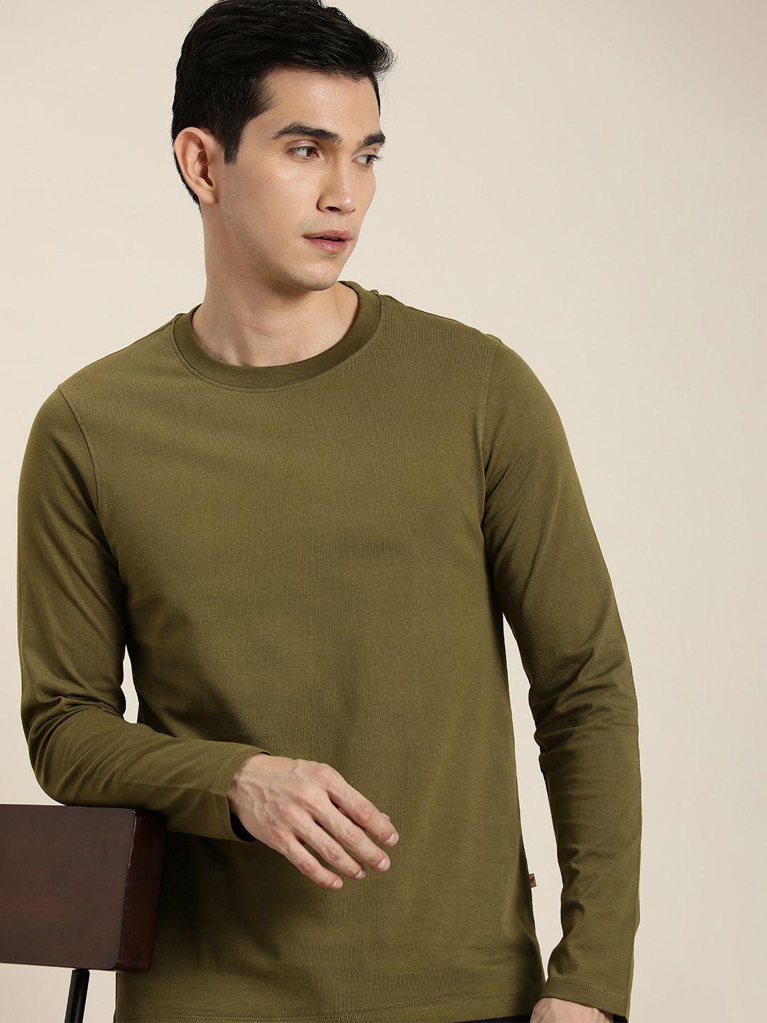 invictus men olive green pure cotton slim fit t-shirt