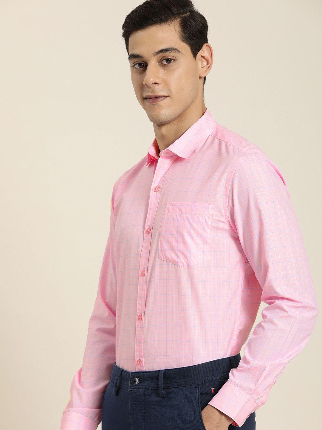 invictus men pink & blue slim fit checked semiformal shirt