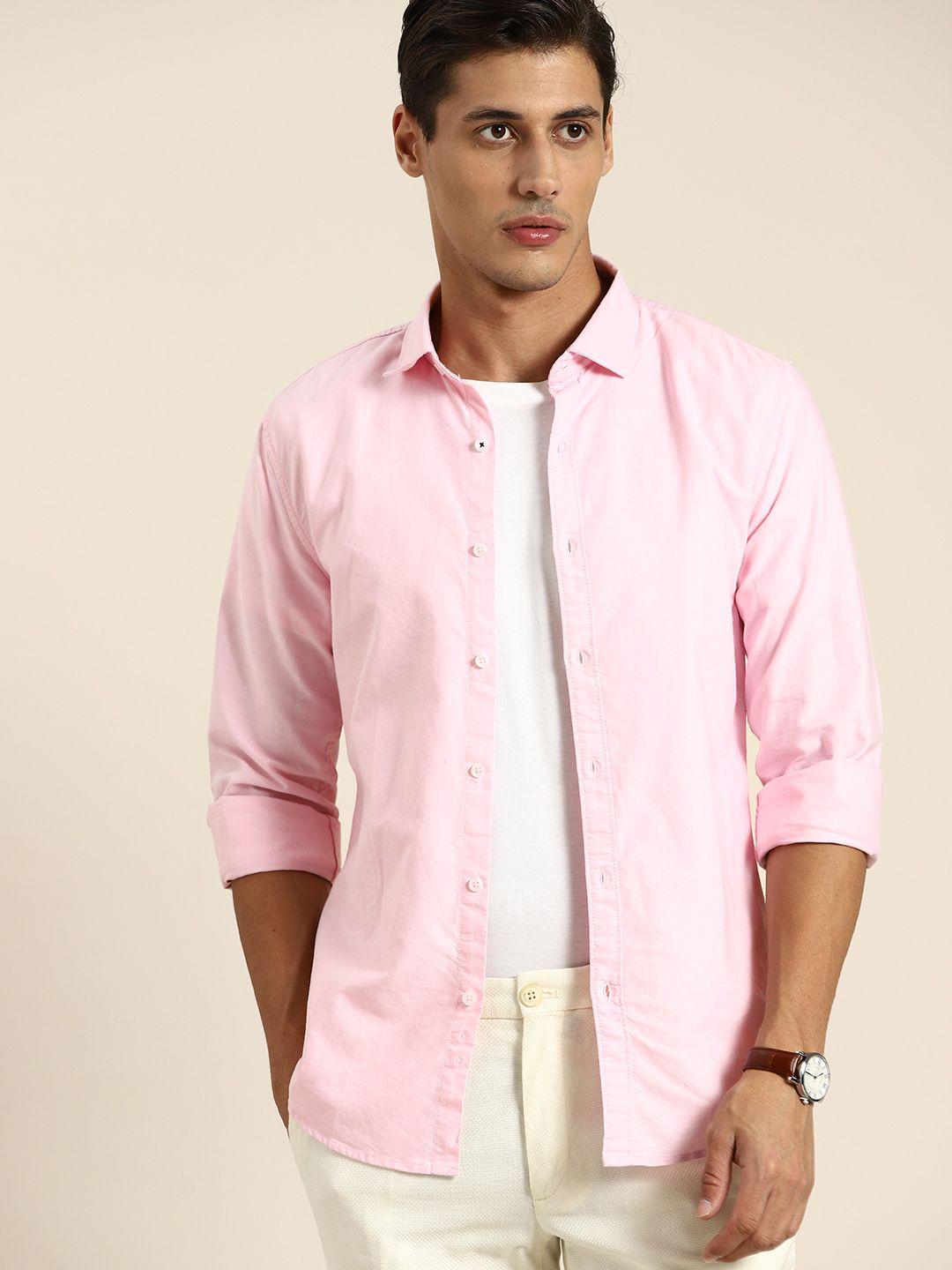 invictus men pink pure cotton slim fit solid casual shirt