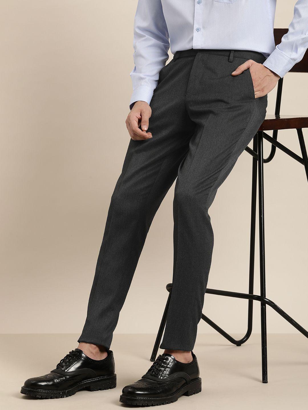 invictus men slim fit mid rise flat front smart casual trousers