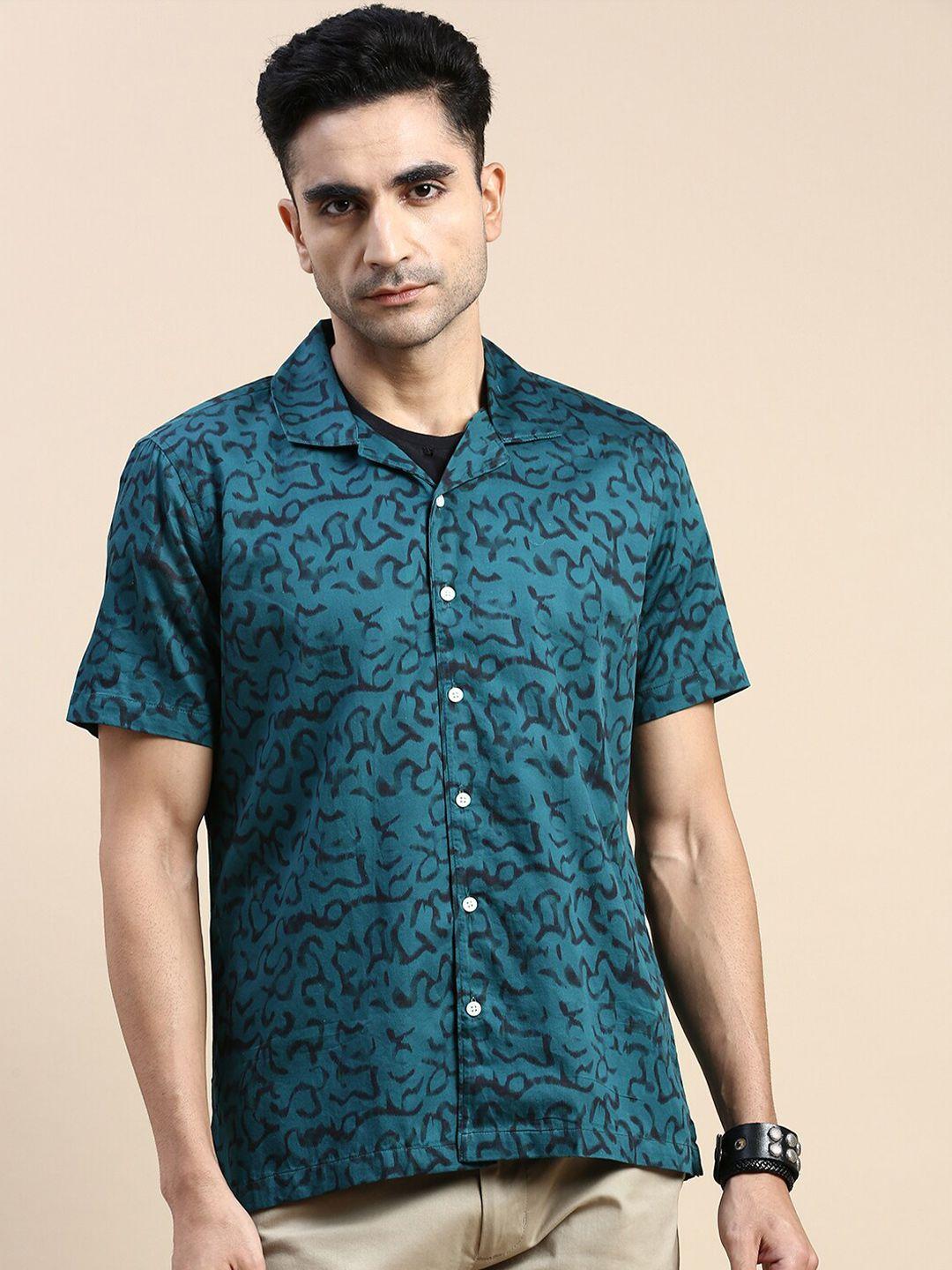 invictus men teal club slim fit floral opaque printed casual shirt