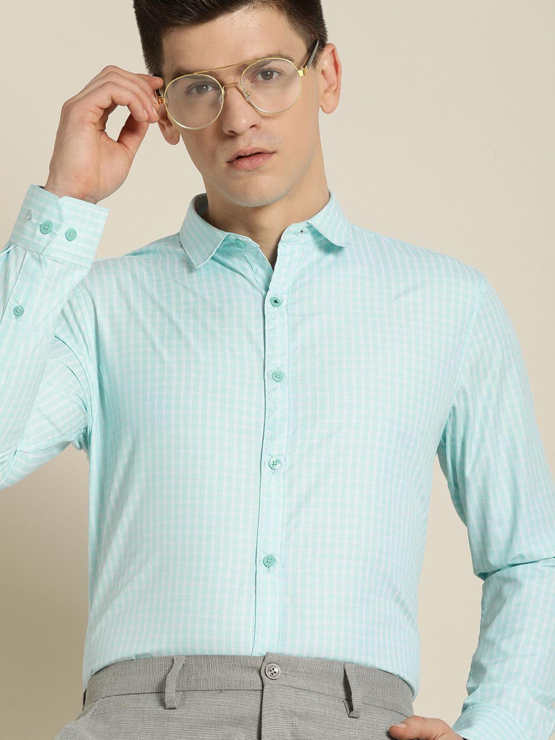 invictus men turquoise blue slim fit checked smart casual shirt