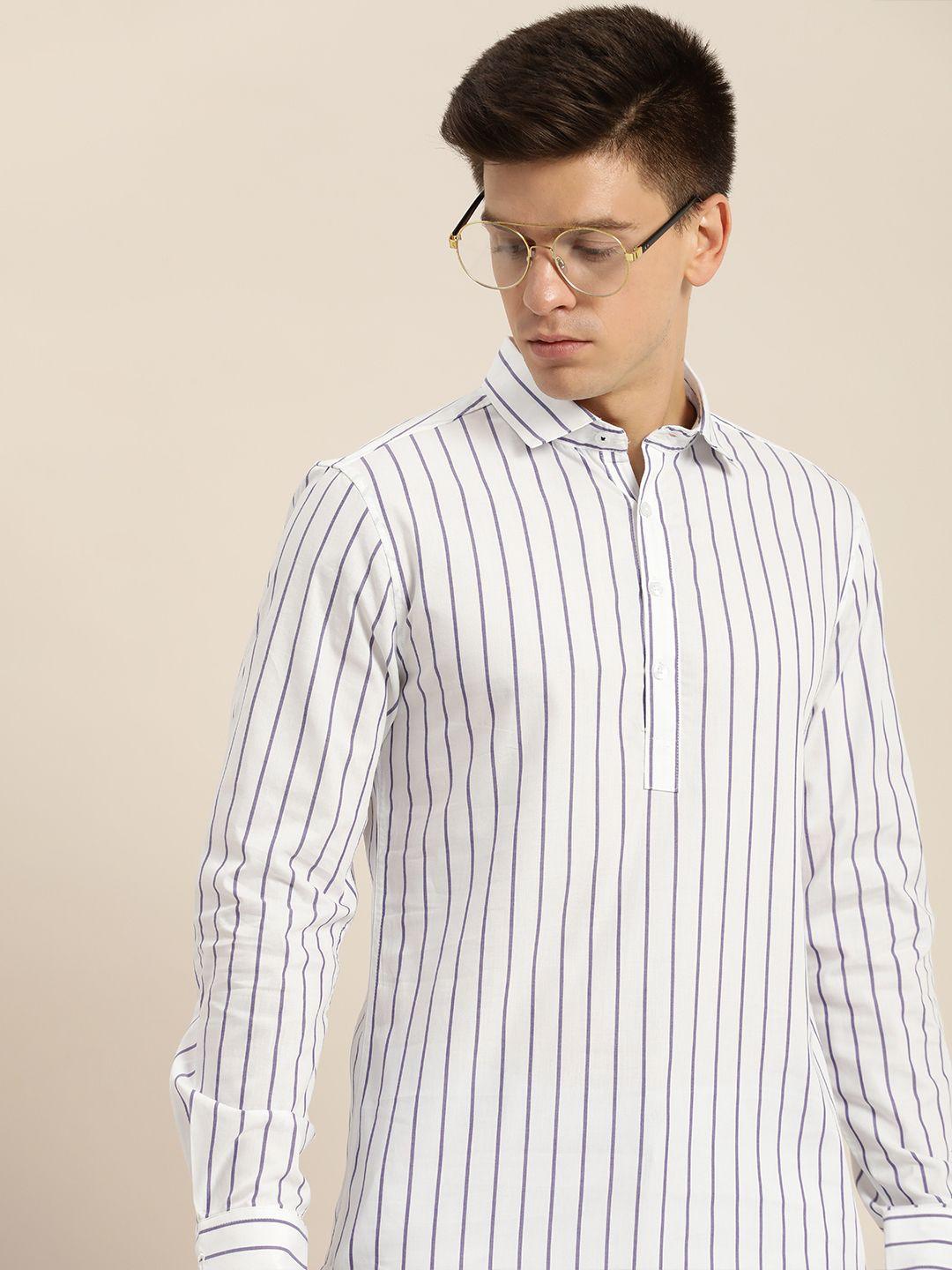 invictus men white & blue  slim fit striped pure cotton casual shirt