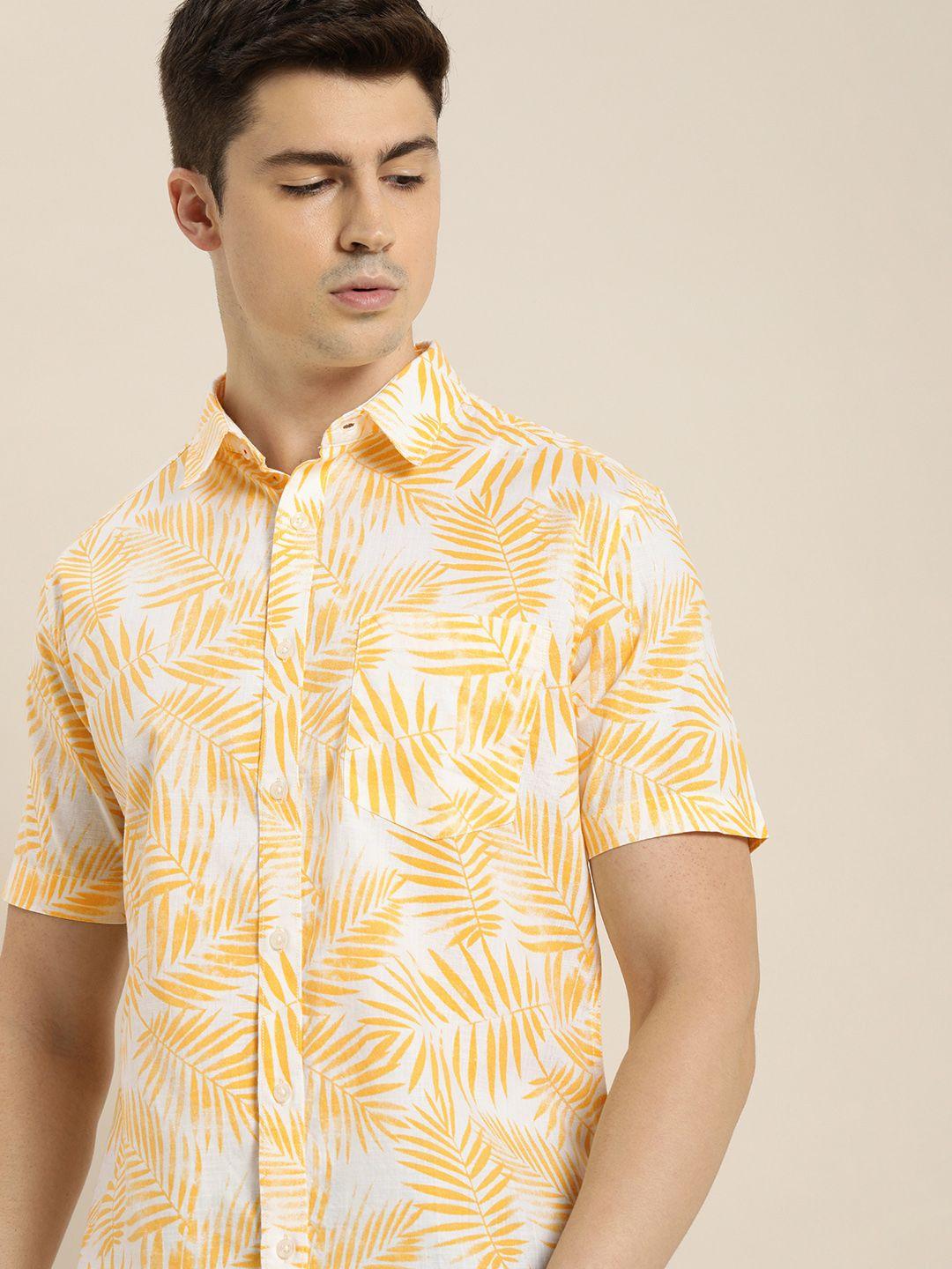 invictus men yellow & white slim fit tropical printed casual shirt