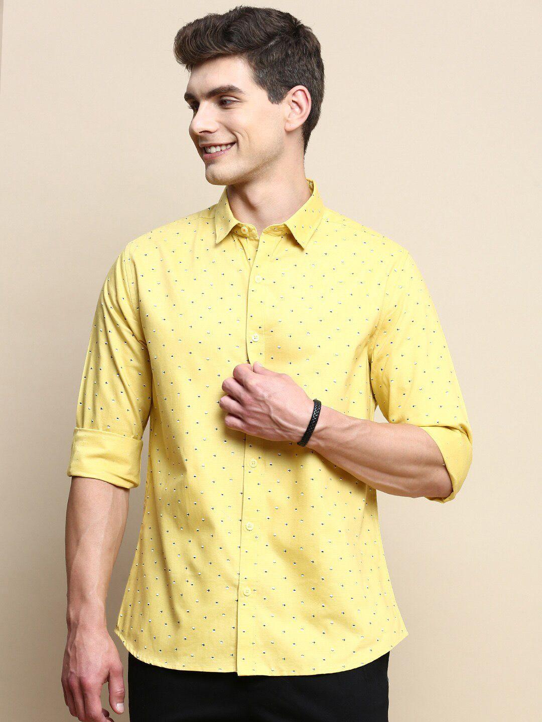 invictus men yellow sport slim fit opaque printed casual shirt