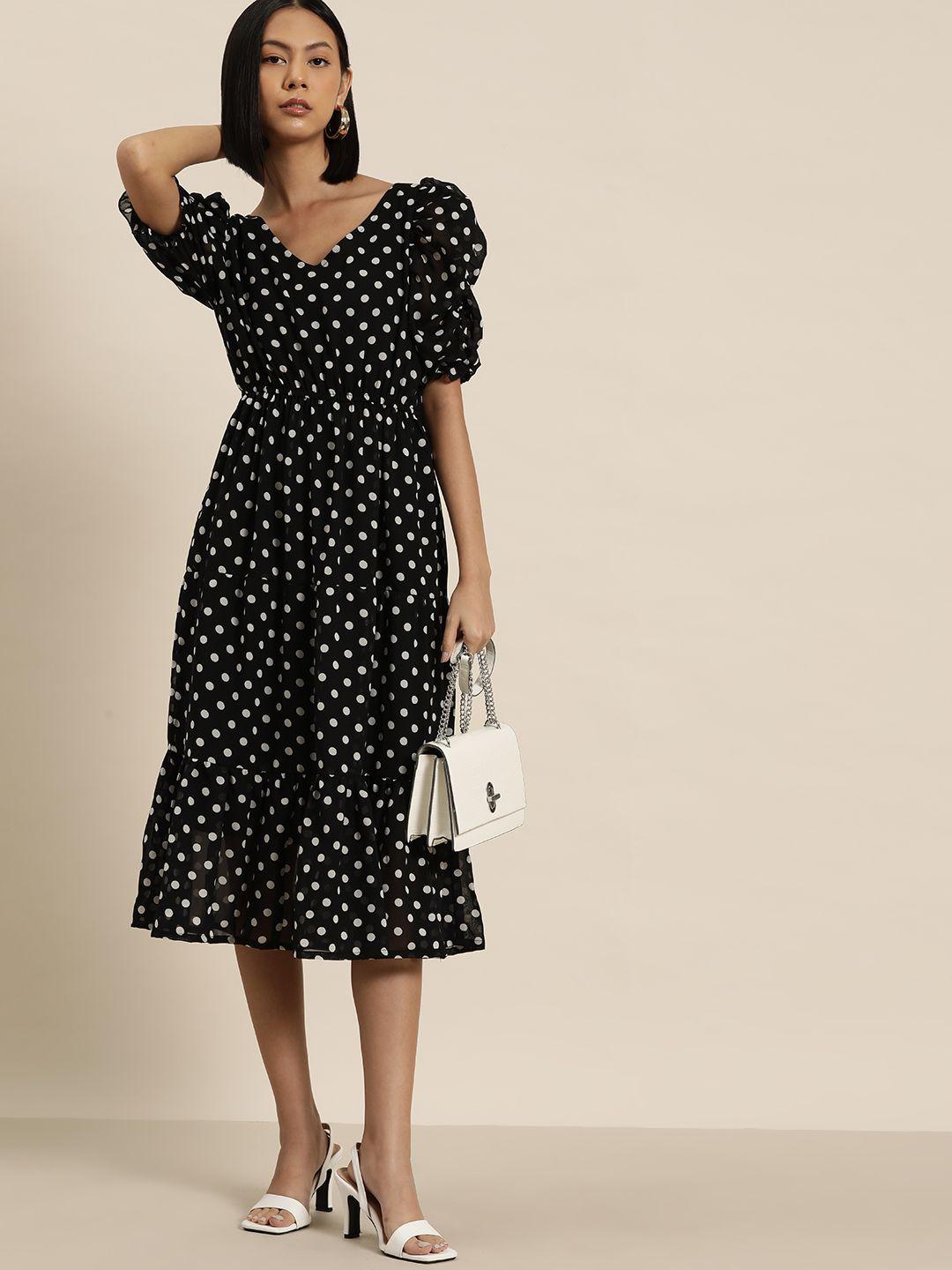 invictus polka dot print puff sleeve georgette a-line midi dress