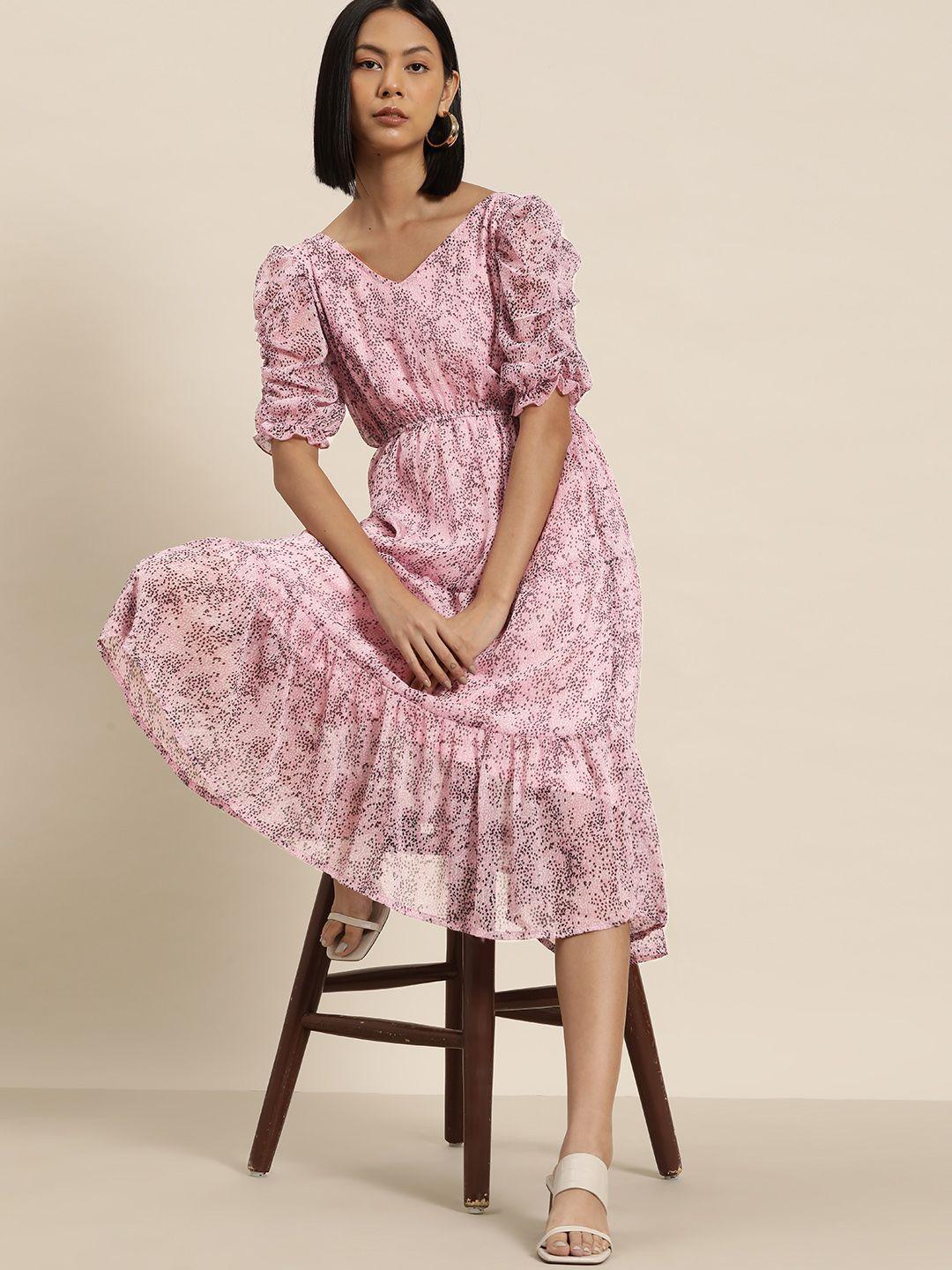 invictus print puff sleeve georgette a-line midi dress