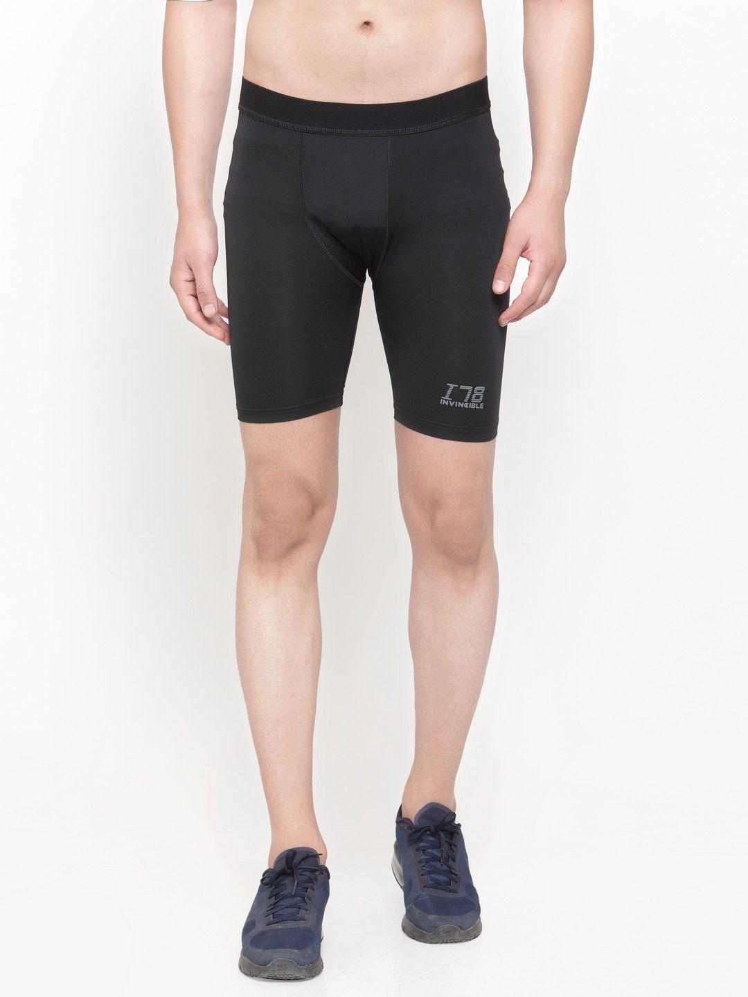 invincible men black solid slim fit compression base layer shorts