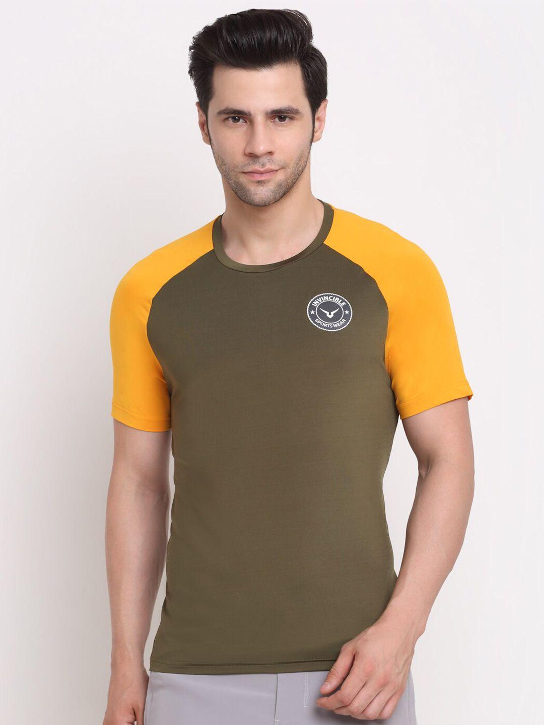 invincible men olive green & yellow colourblocked slim fit t-shirt