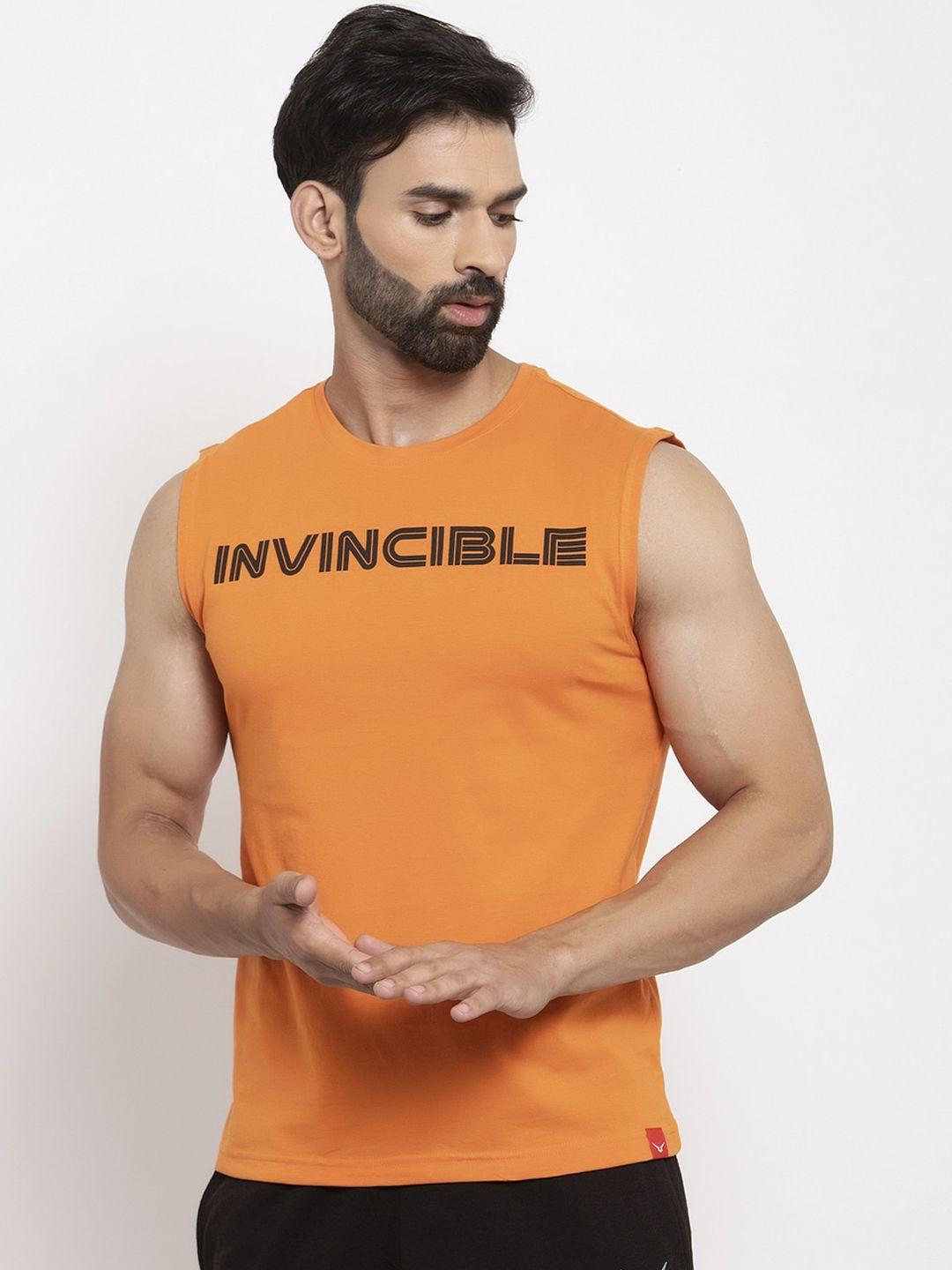 invincible men orange printed round neck t-shirt