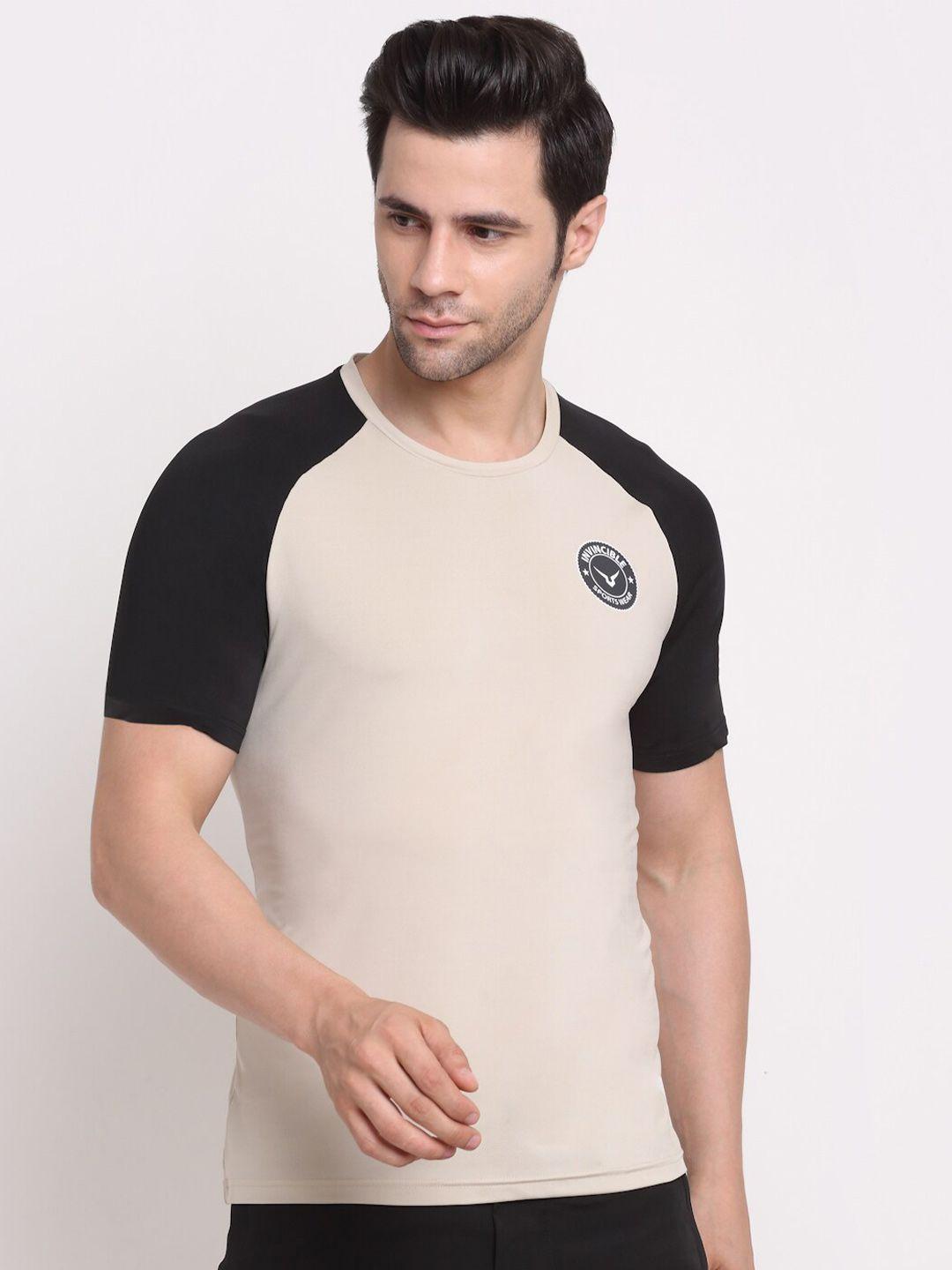 invincible men beige & black colourblocked slim fit training or gym t-shirt