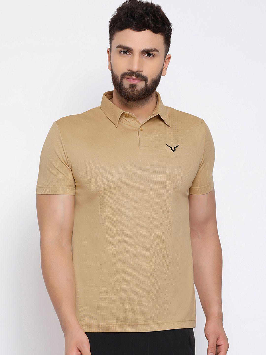 invincible men beige solid polo collar t-shirt