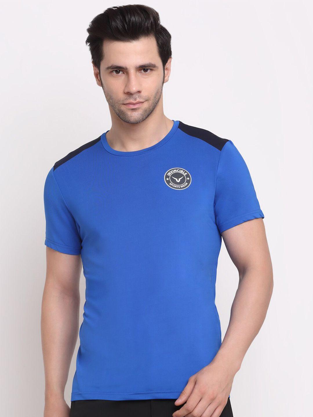 invincible men blue colourblocked slim fit t-shirt
