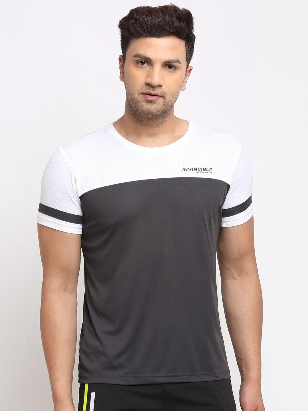 invincible men charcoal & white colourblocked slim fit t-shirt