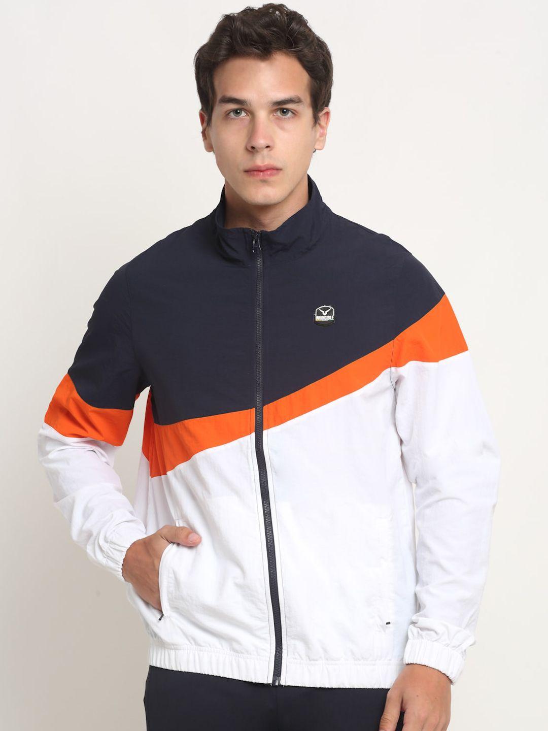 invincible men navy blue colourblocked windcheater and water resistant training or gym sporty jacket