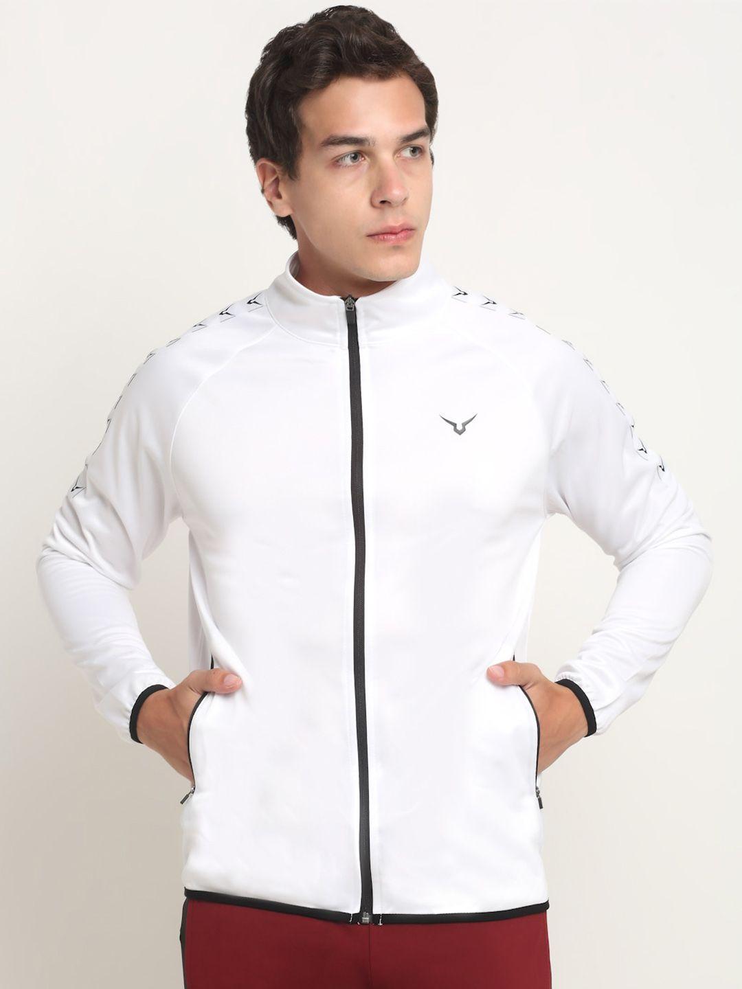 invincible men white colourblocked training or gym sporty jacket with embroidered