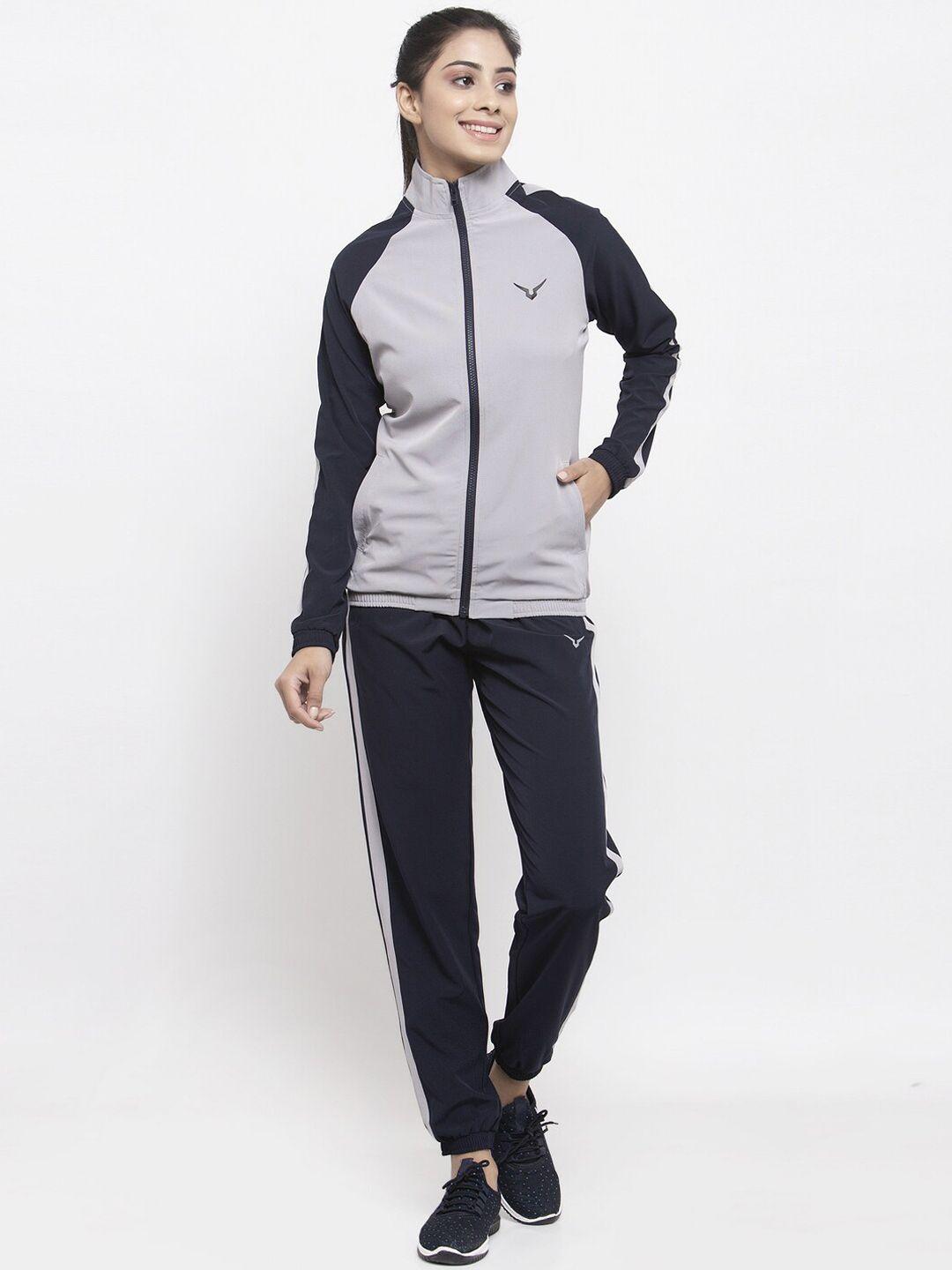 invincible women navy blue & grey colourblocked tracksuit