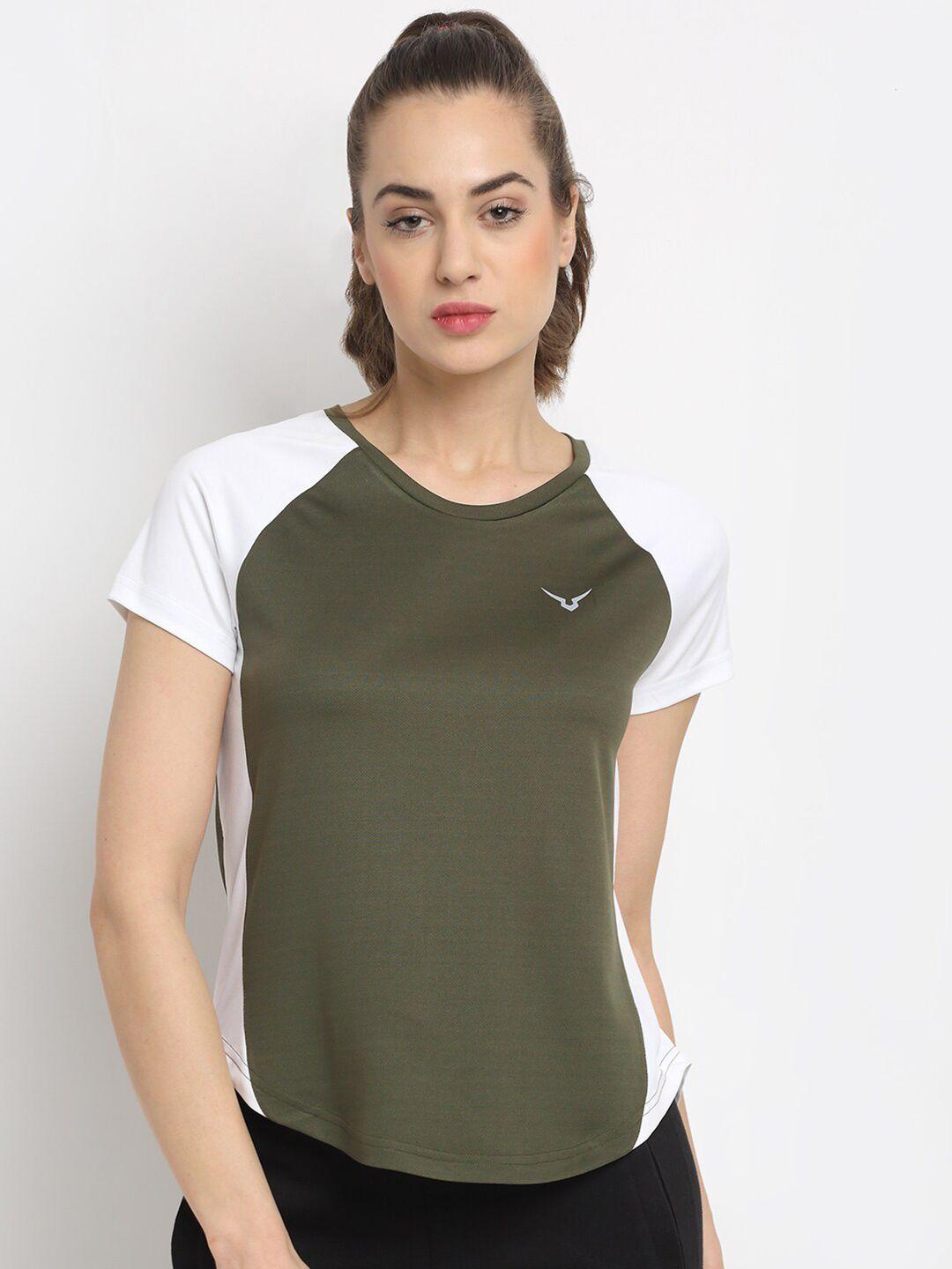 invincible women olive green & white colourblocked training or gym rapid dry t-shirt