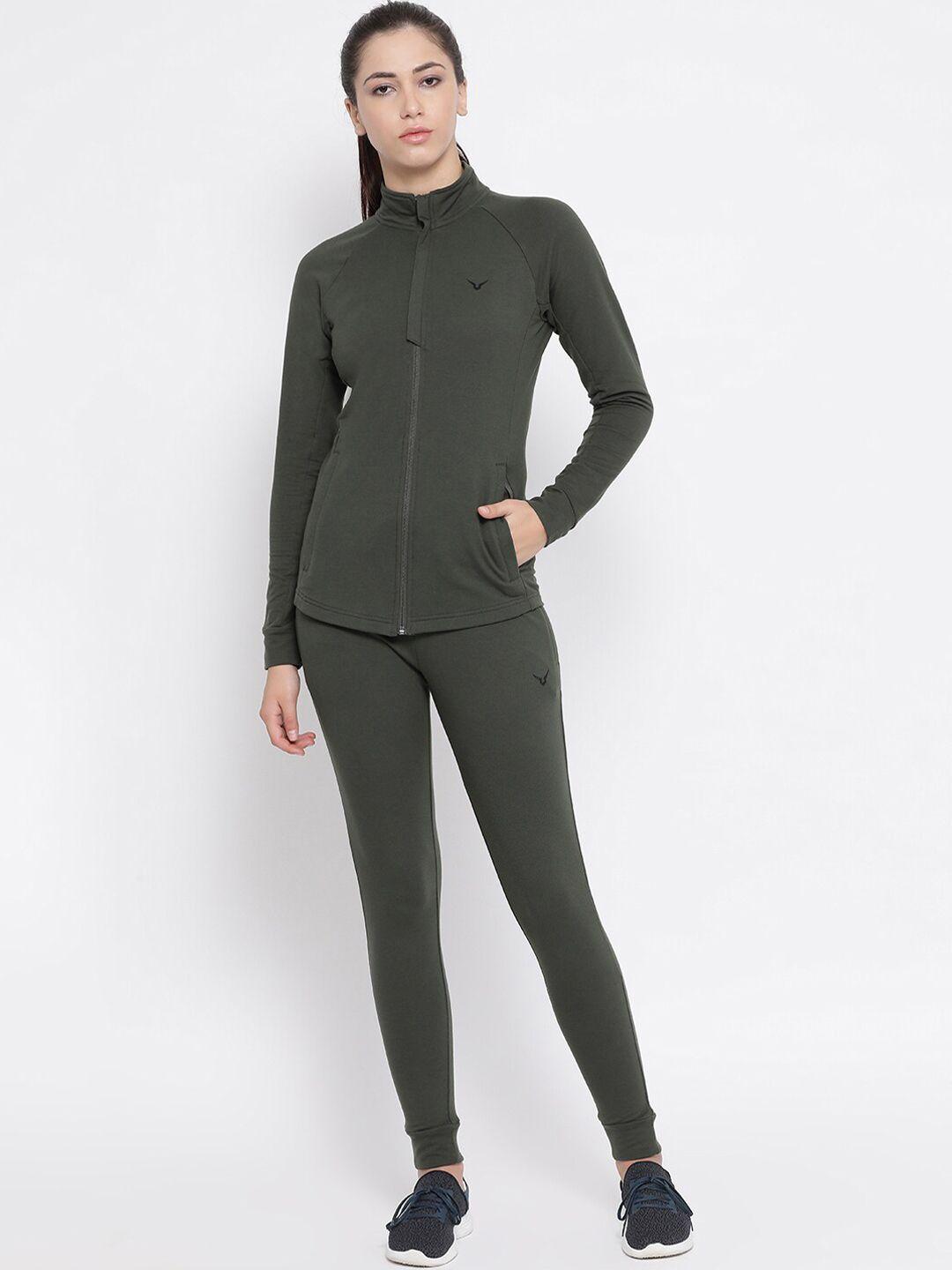 invincible women olive green solid slim-fit tracksuit