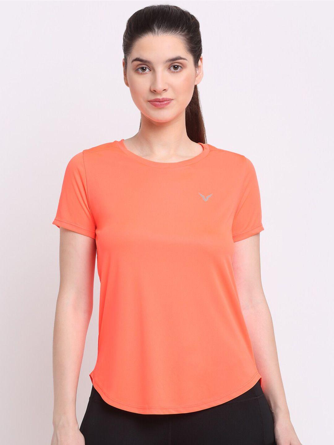 invincible women orange v-neck raw edge slim fit training or gym t-shirt