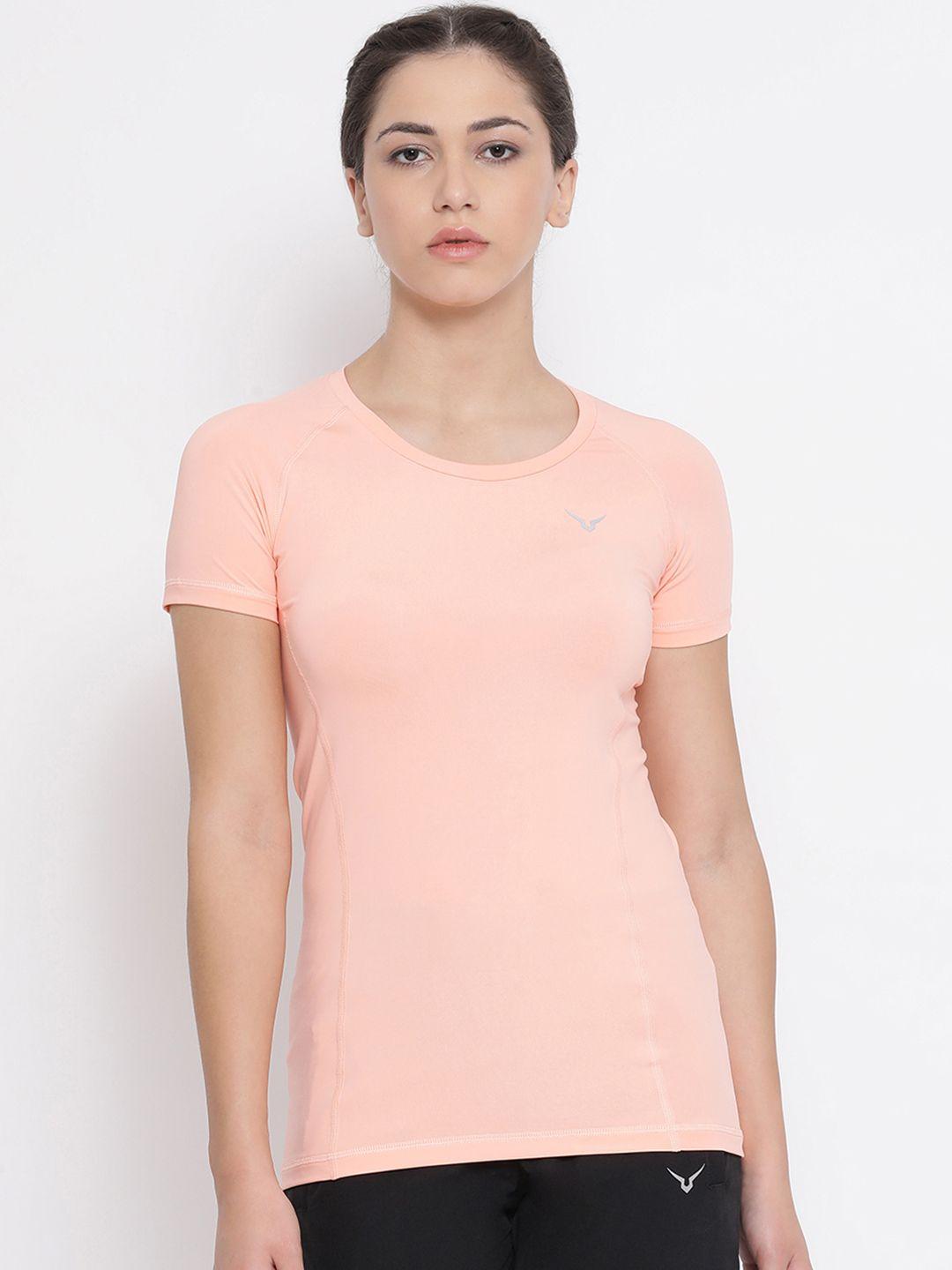 invincible women peach-coloured solid round neck t-shirt