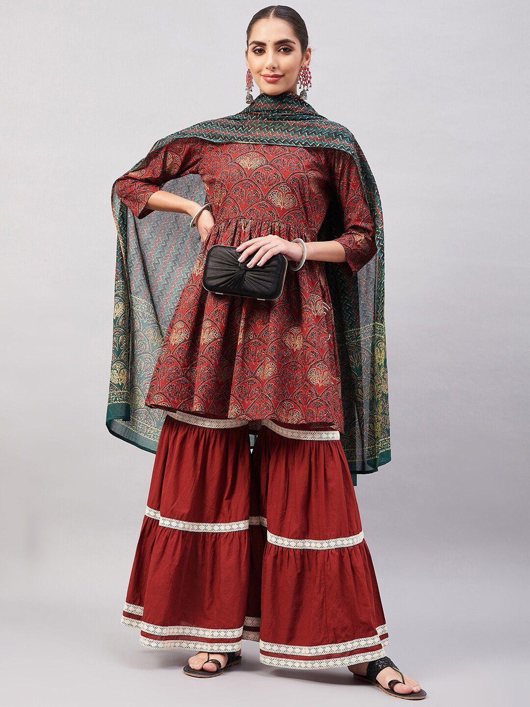 inweave ethnic motifs printed pure cotton kurta with sharara & dupatta