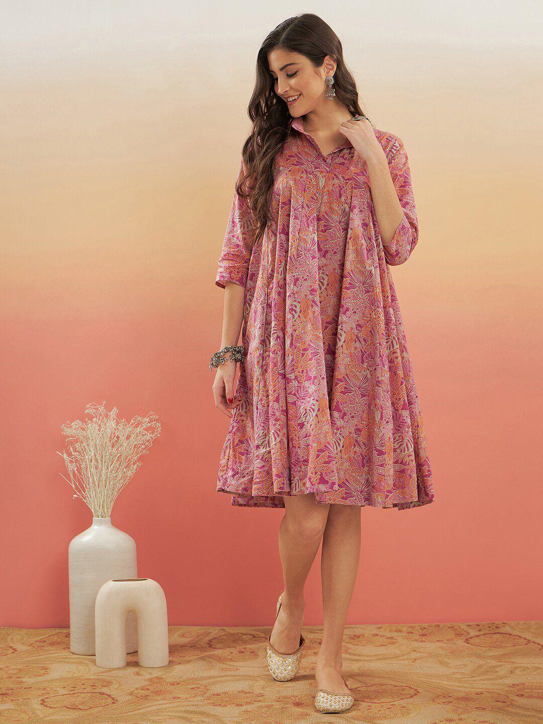 inweave floral printed shirt collar gathered a-line dress