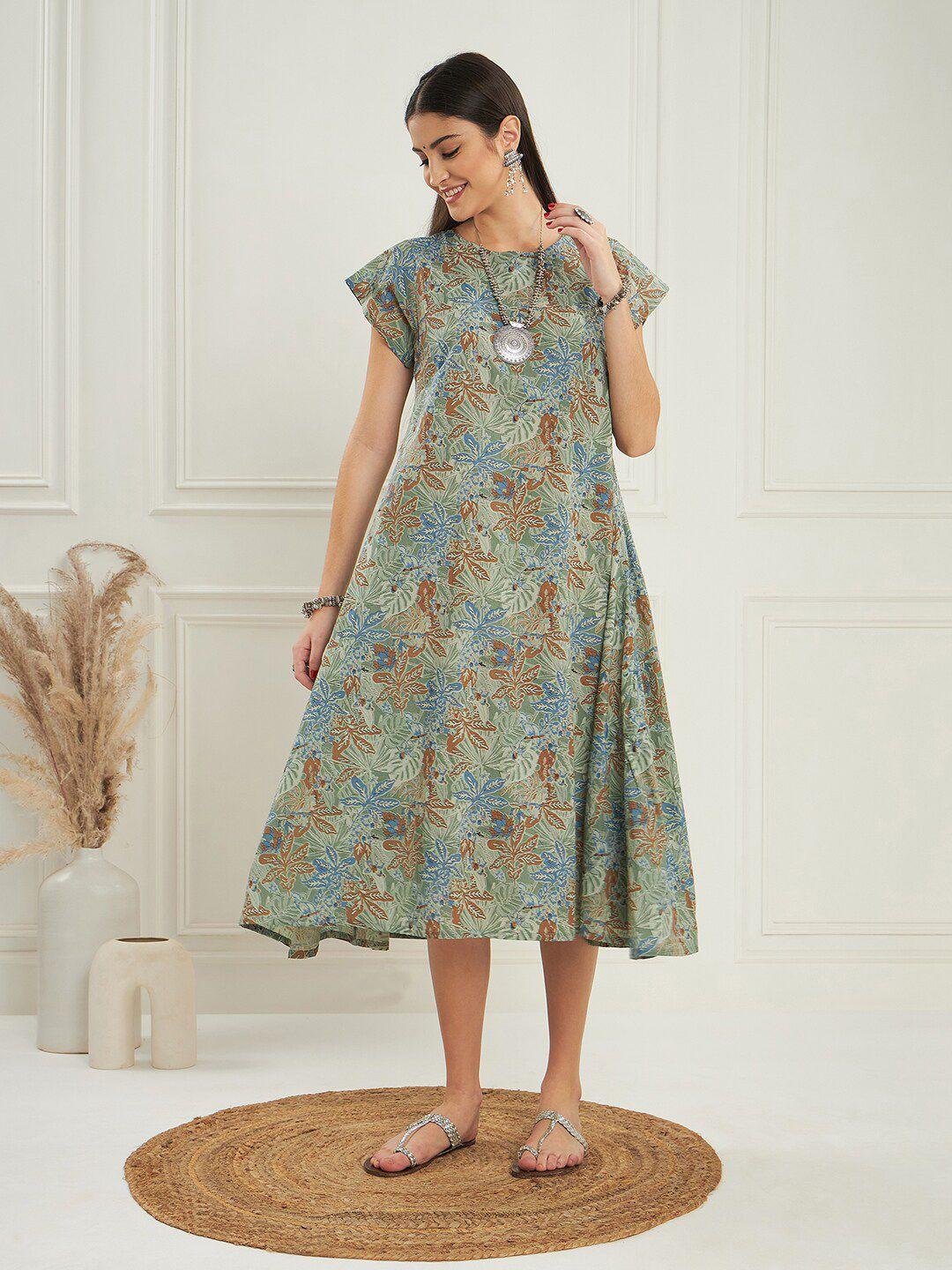 inweave green floral printed round neck a-line midi dress