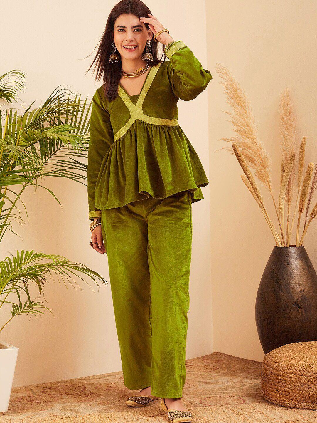 inweave olive v-neck tunic with flared trouser