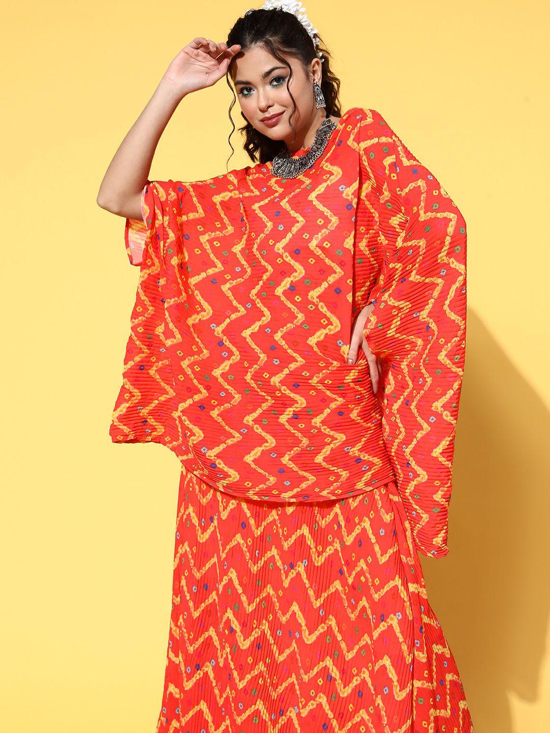 inweave orange & yellow geometric print accordion pleats kaftan top