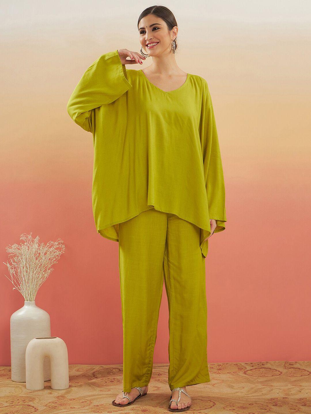 inweave v-neck long sleeves tunic with trousers