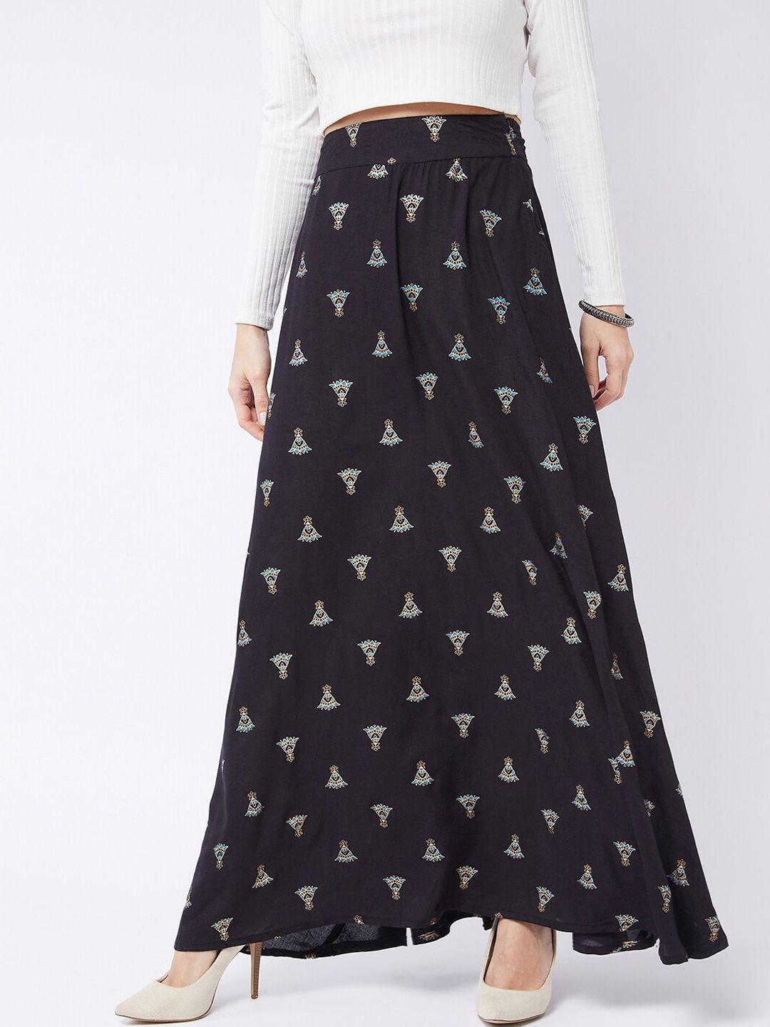 inweave women black printed a-line flared maxi skirt