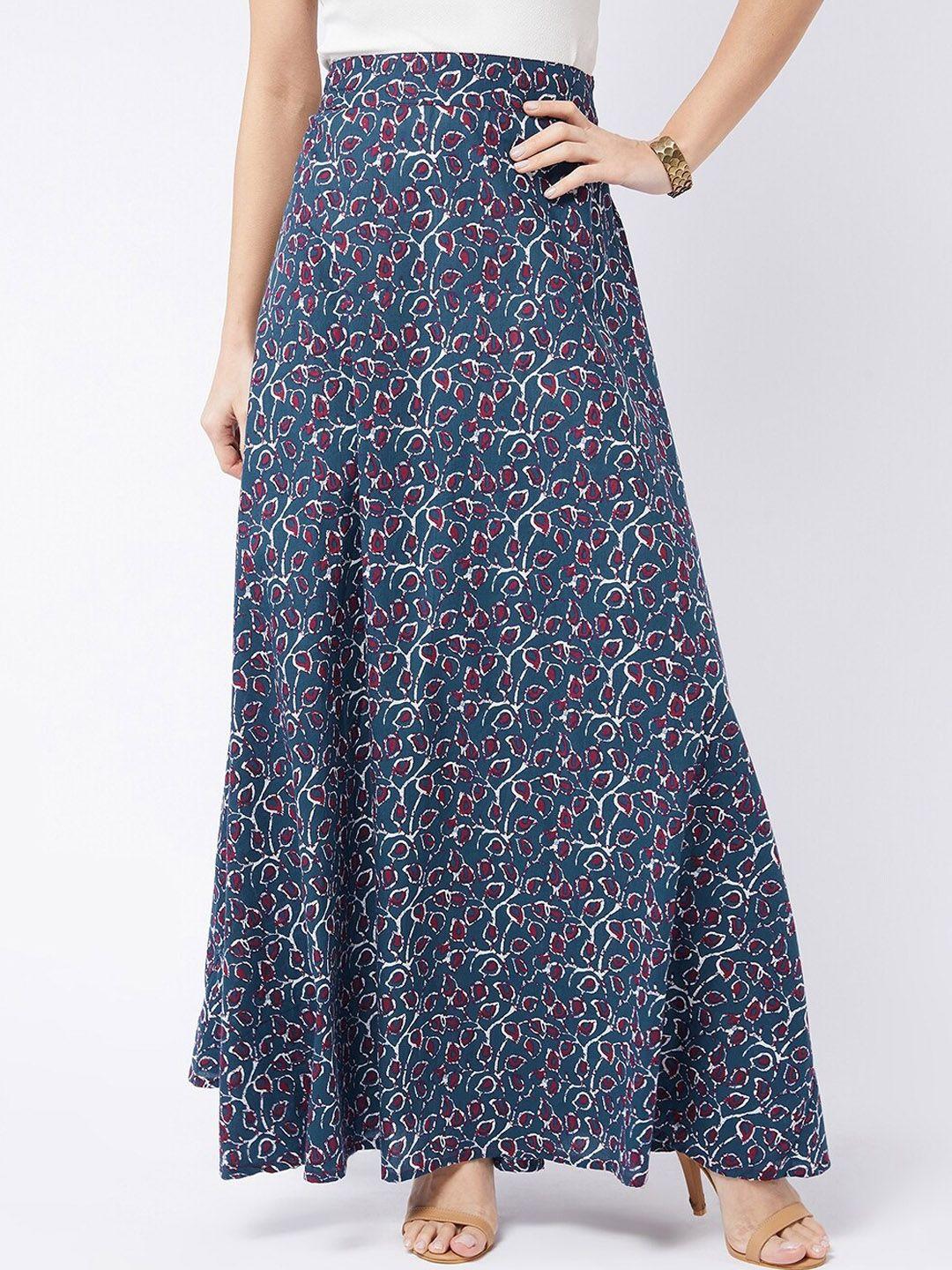 inweave women blue printed pure cotton a-line flared maxi skirt