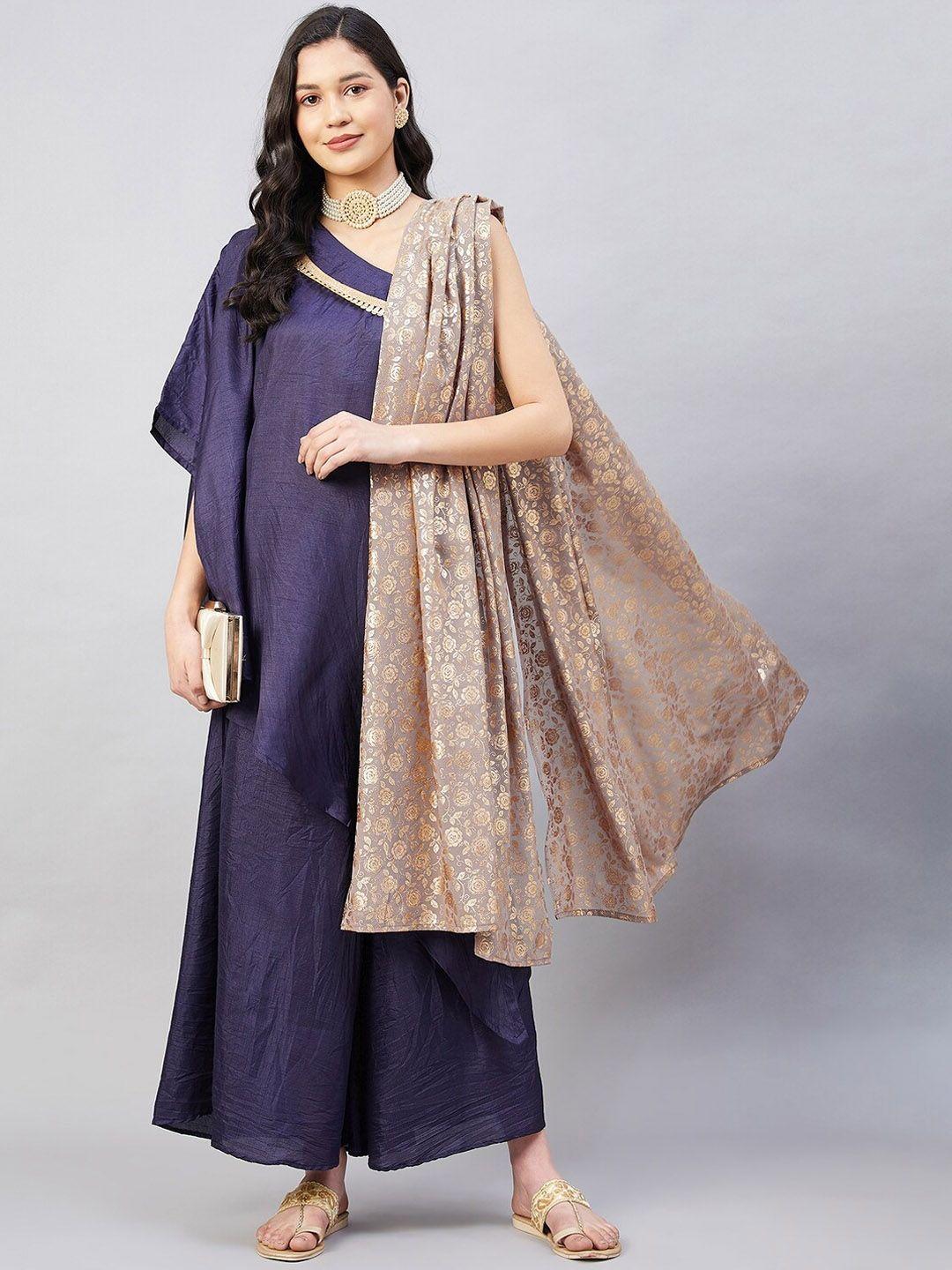 inweave women navy blue kurti with trousers & with dupatta