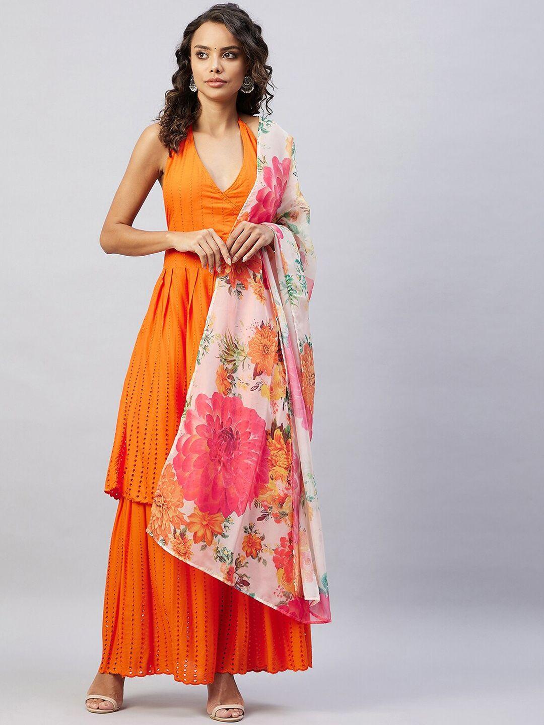 inweave women orange embroidered pleated kurta with sharara & dupatta