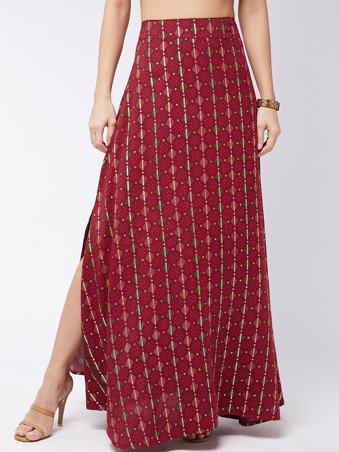 inweave women red printed pure cotton a-line maxi skirt